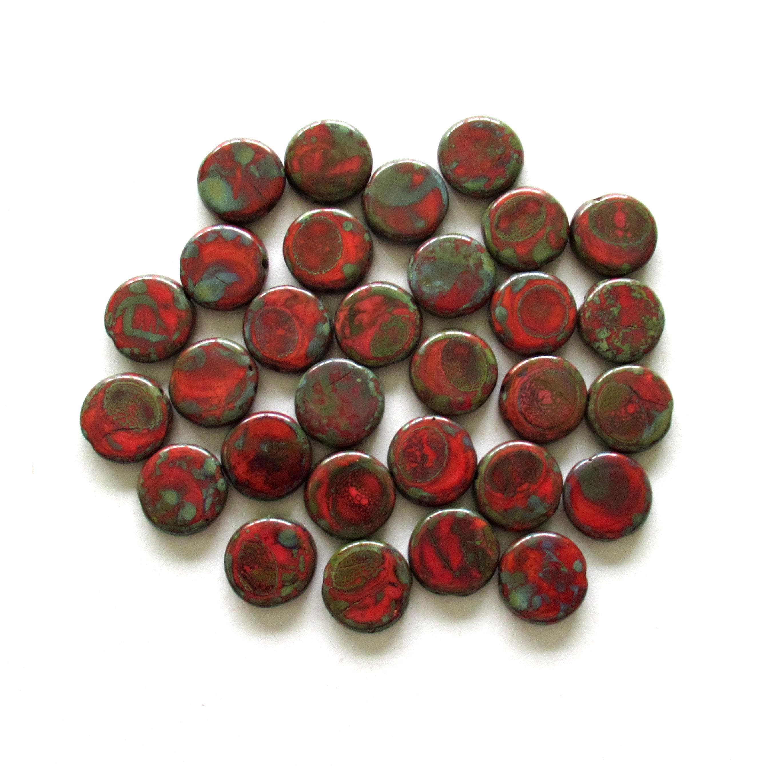 Czech glass coin or disc beads - 12mm - opaque red beads w/ a full picasso coat - flat round beads - 10 beads - 00118
