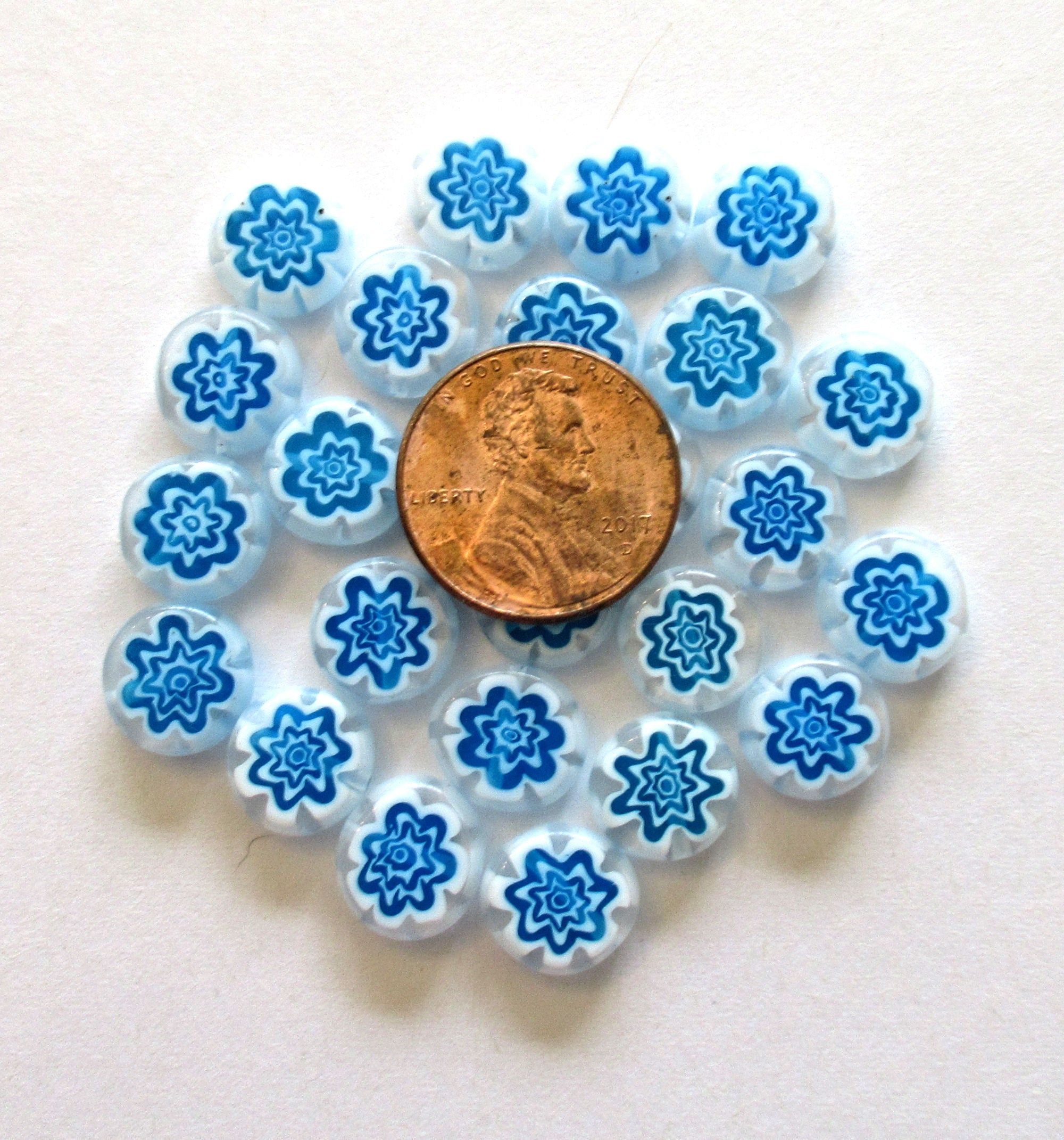 Ten 10mm cane or millefiori glass beads - aqua blue and white coin or disc beads - C0095