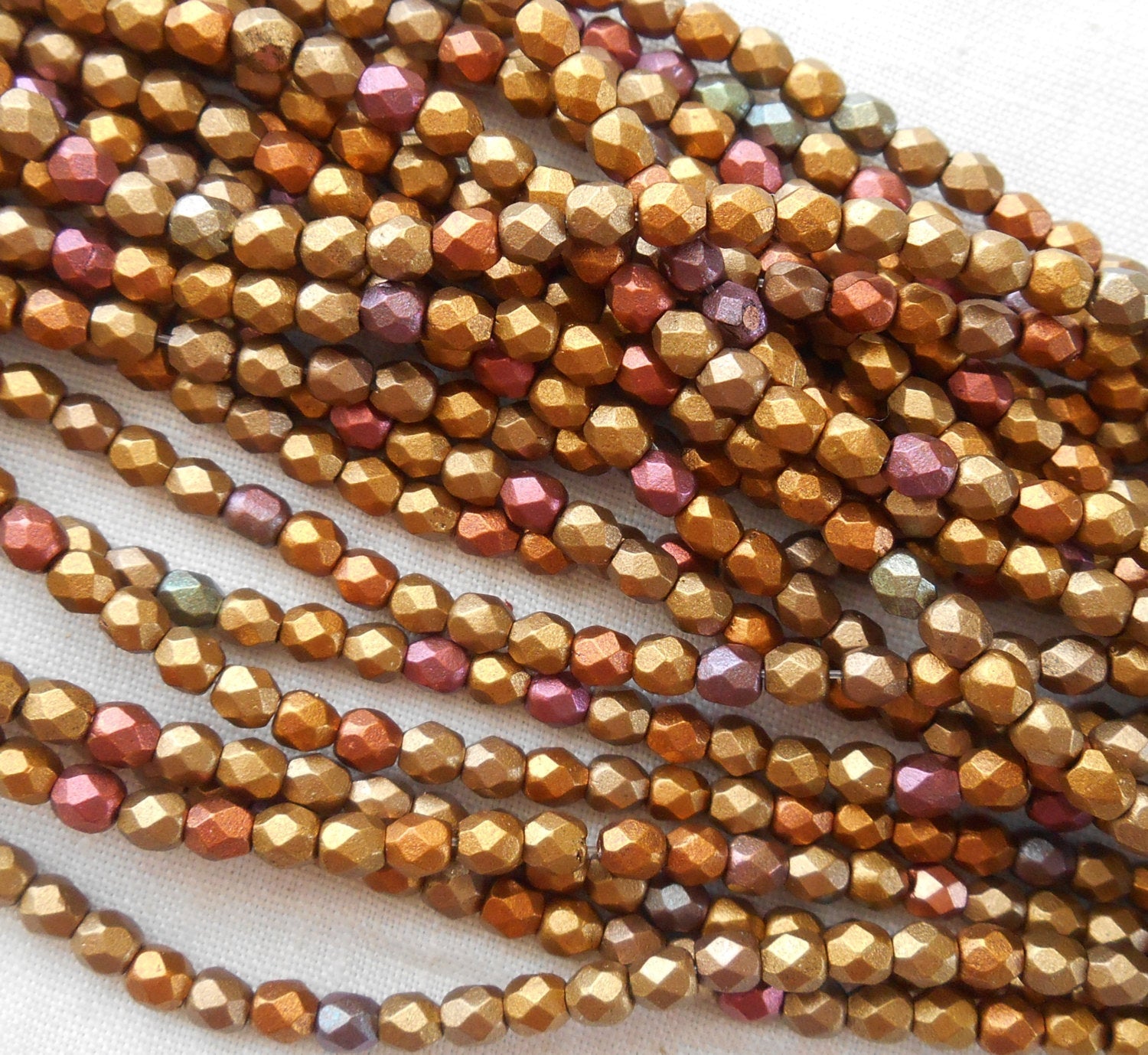 50 3mm Czech Matte Metallic Gold Iris glass beads, round faceted fire polished beads, C1550