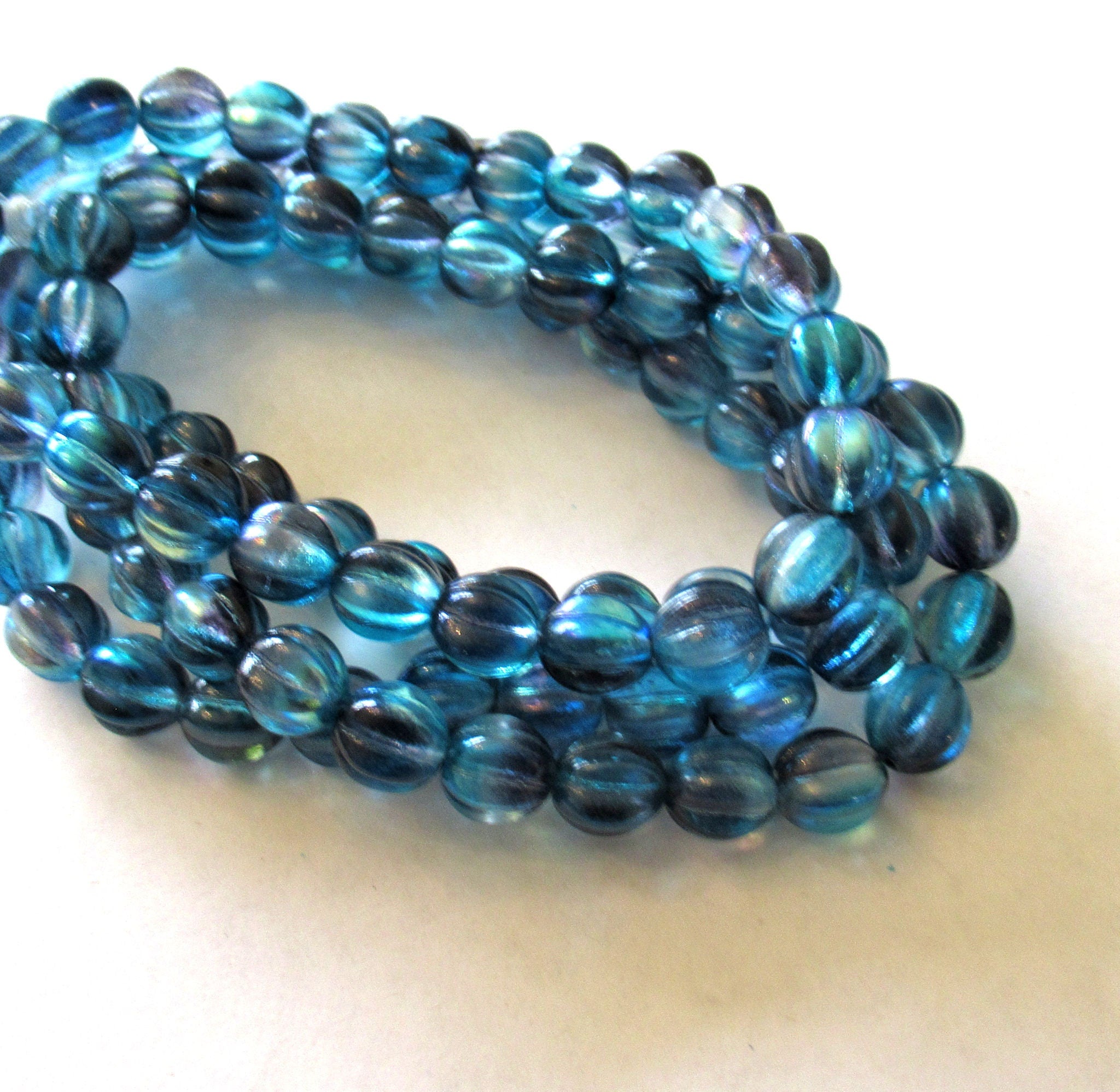 Ten 10mm Czech glass melon beads - dark and light blue color mix pressed glass beads - C0049