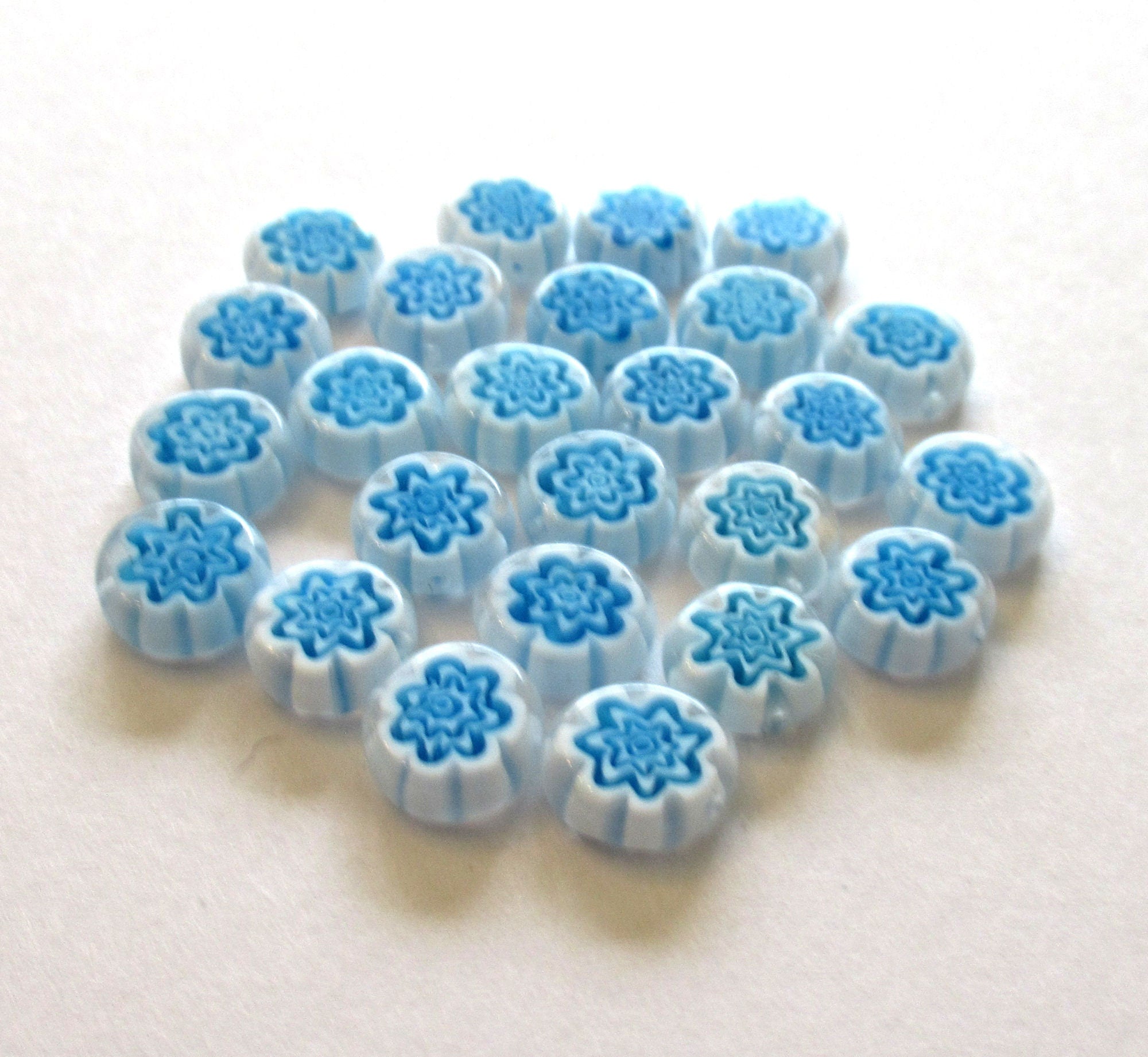 Ten 10mm cane or millefiori glass beads - aqua blue and white coin or disc beads - C0095