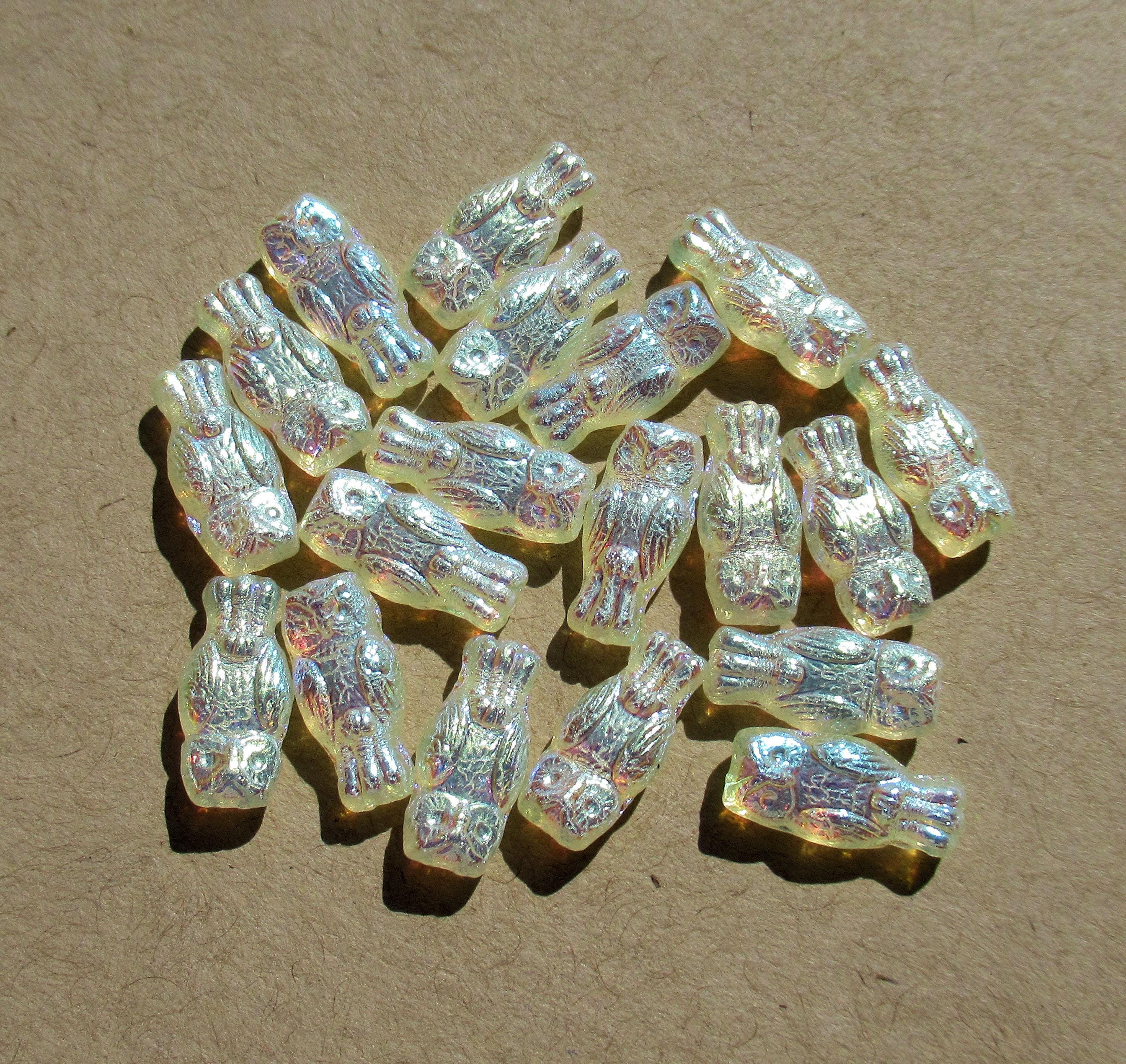 10 Czech glass owl beads - top drilled 7 x 15mm - light yellow or jonquil ab - pressed glass beads C0008
