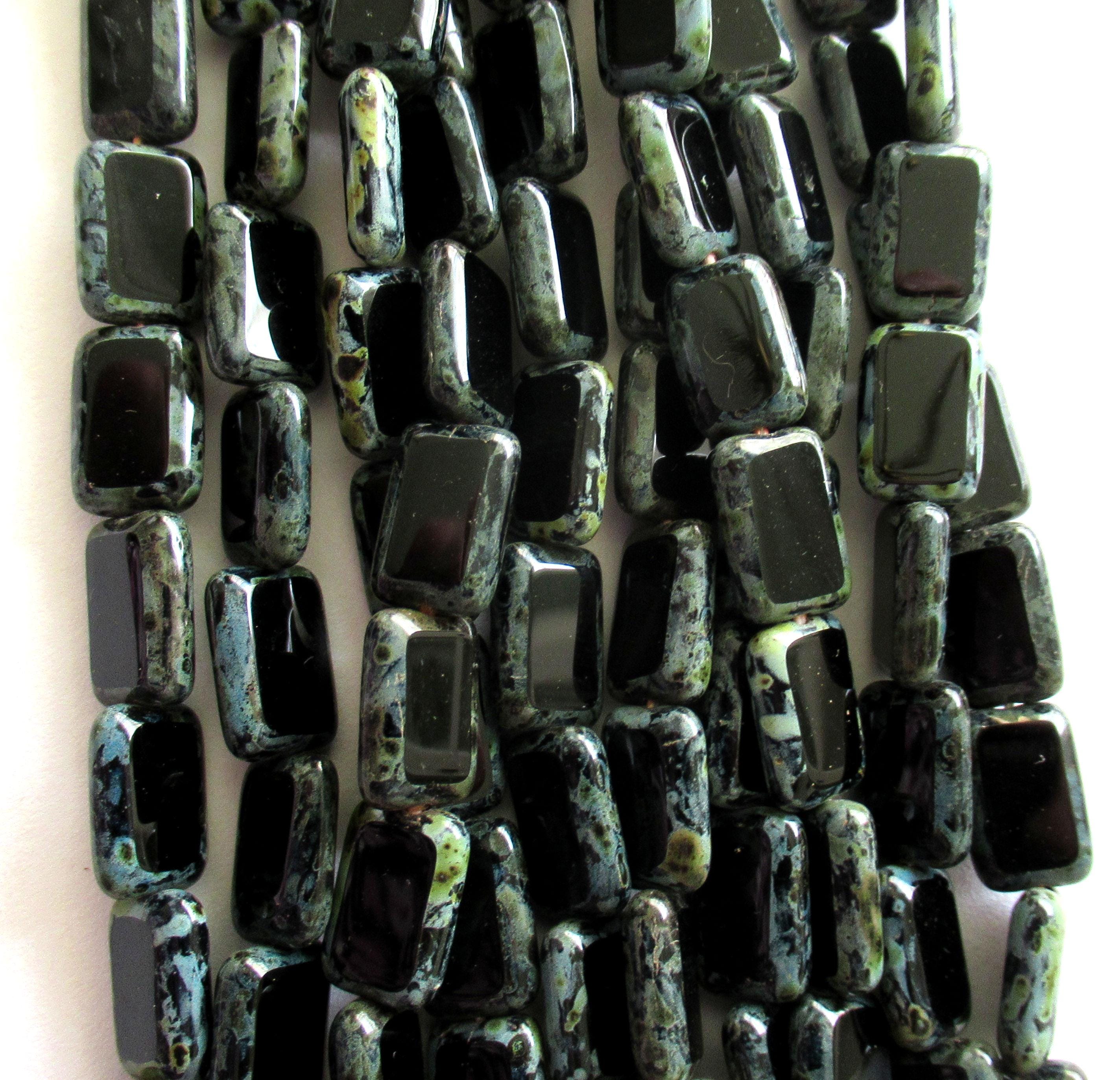 Black rectangle beads - opaque Czech glass beads with a picasso finish - 12 x 8mm - table cut rectangular beads - 24 pieces - C00101