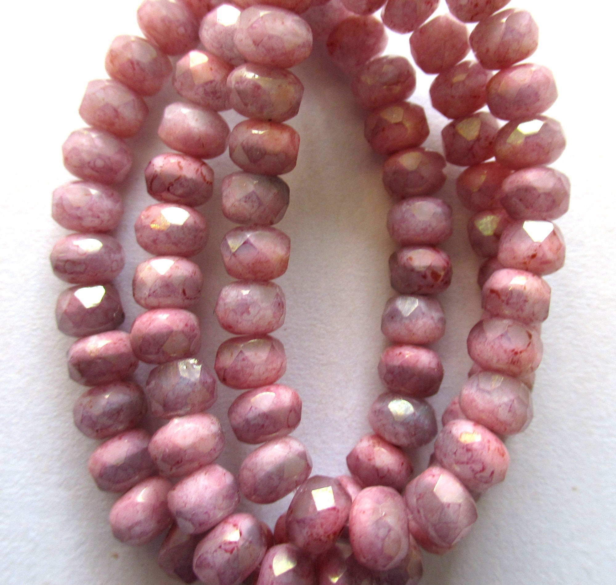 30 small Czech glass puffy rondelle beads - 3mm x 5mm opaque & transparent pink luster faceted fire polished rondelles - 00521