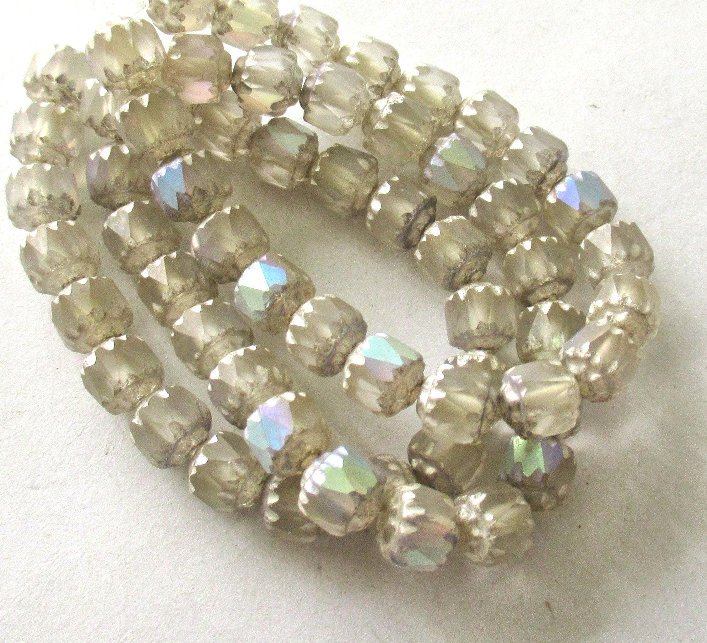 Lot of 20 6mm Czech glass cathedral beads - matte crystal ab w/ silver picasso accents - faceted fire polished antique cut beads C00081