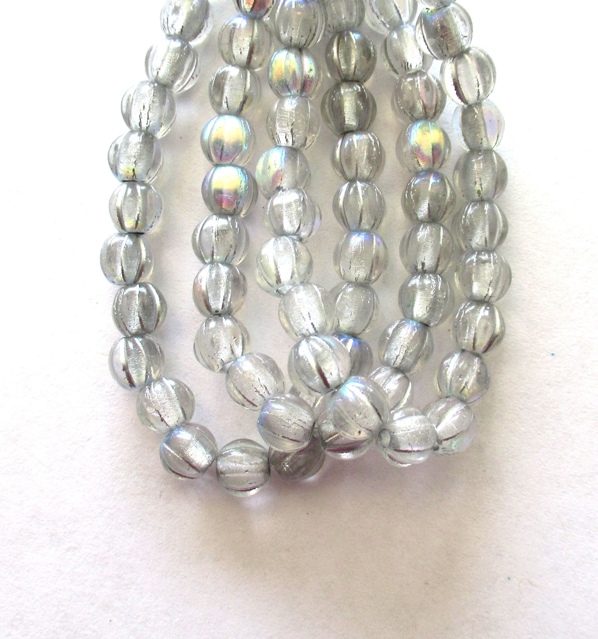 25 6mm Czech glass melon beads - crystal with a silver ab finish - pressed glass beads - C0096