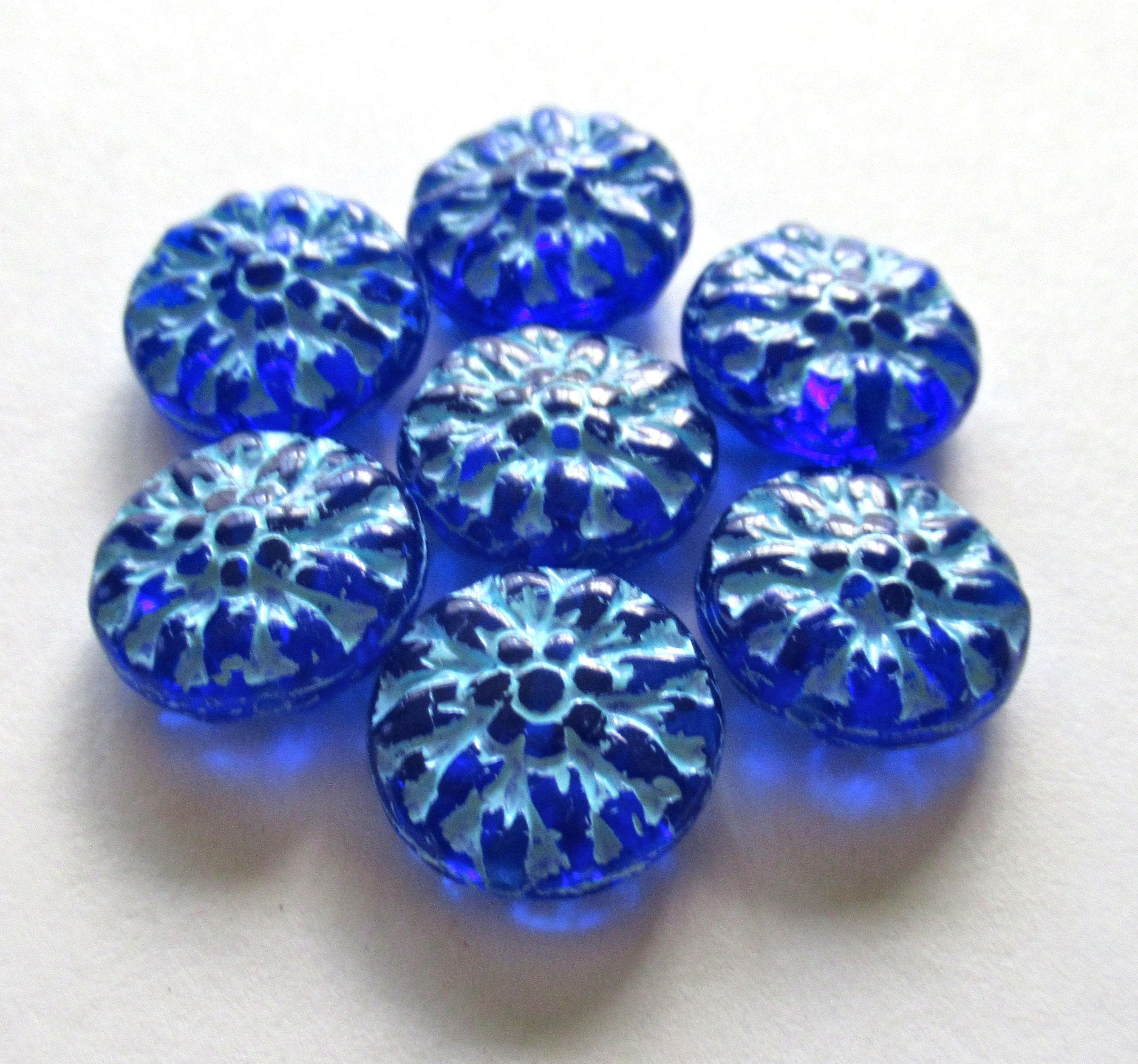 Six Czech glass Dahlia flower beads - Transparent cobalt blue w/ turquoise wash - 14mm floral puffy disc or coin beads C0009