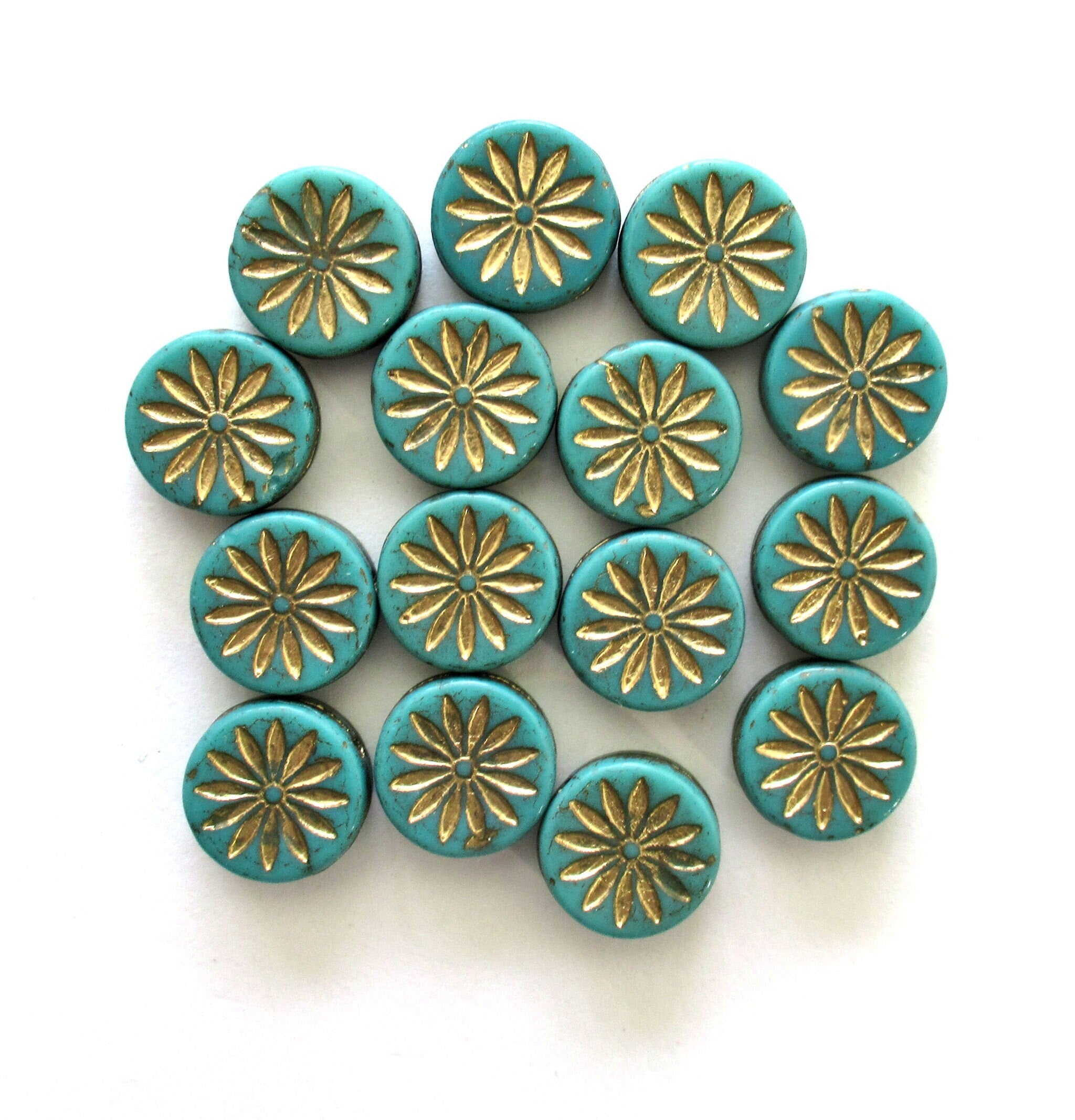 6 Czech glass coin beads - 12mm turquoise green Aster flower disc beads with gold accents - thick flat round beads - 00201