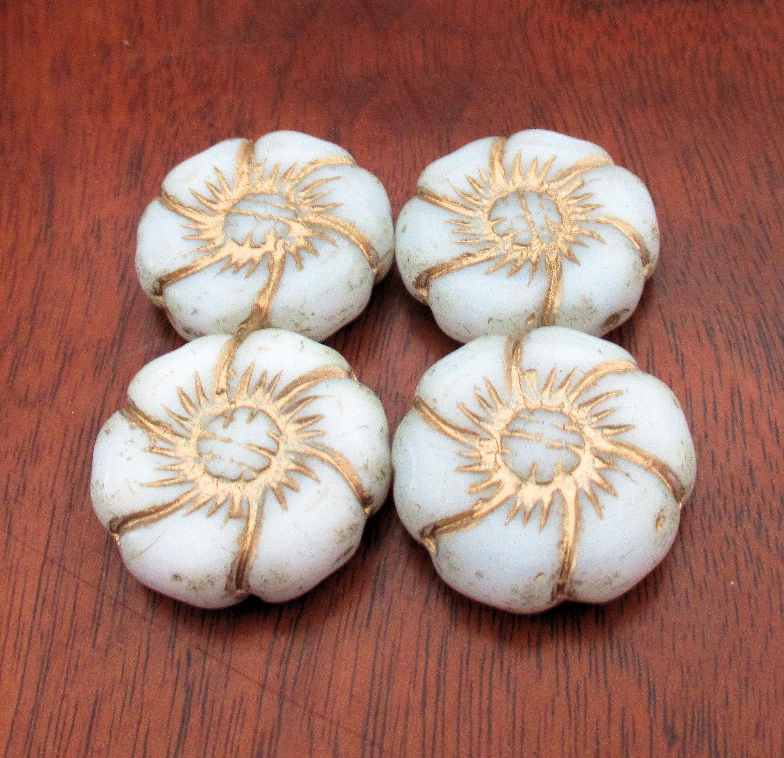 Two large 22mm Czech glass flower beads - opaque white beads with gold accents - pressed focal or statement beads - 00011