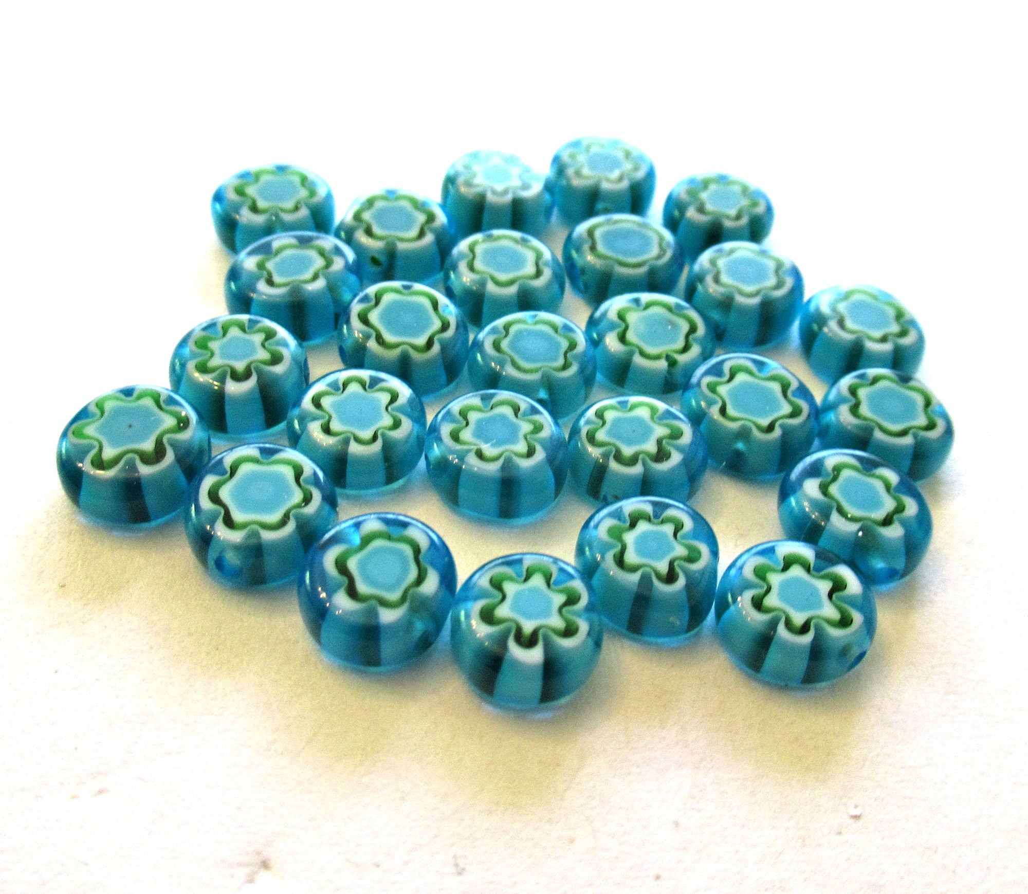 Ten 8mm cane or millefiori glass beads - aqua blue green and white coin or disc beads - C0083