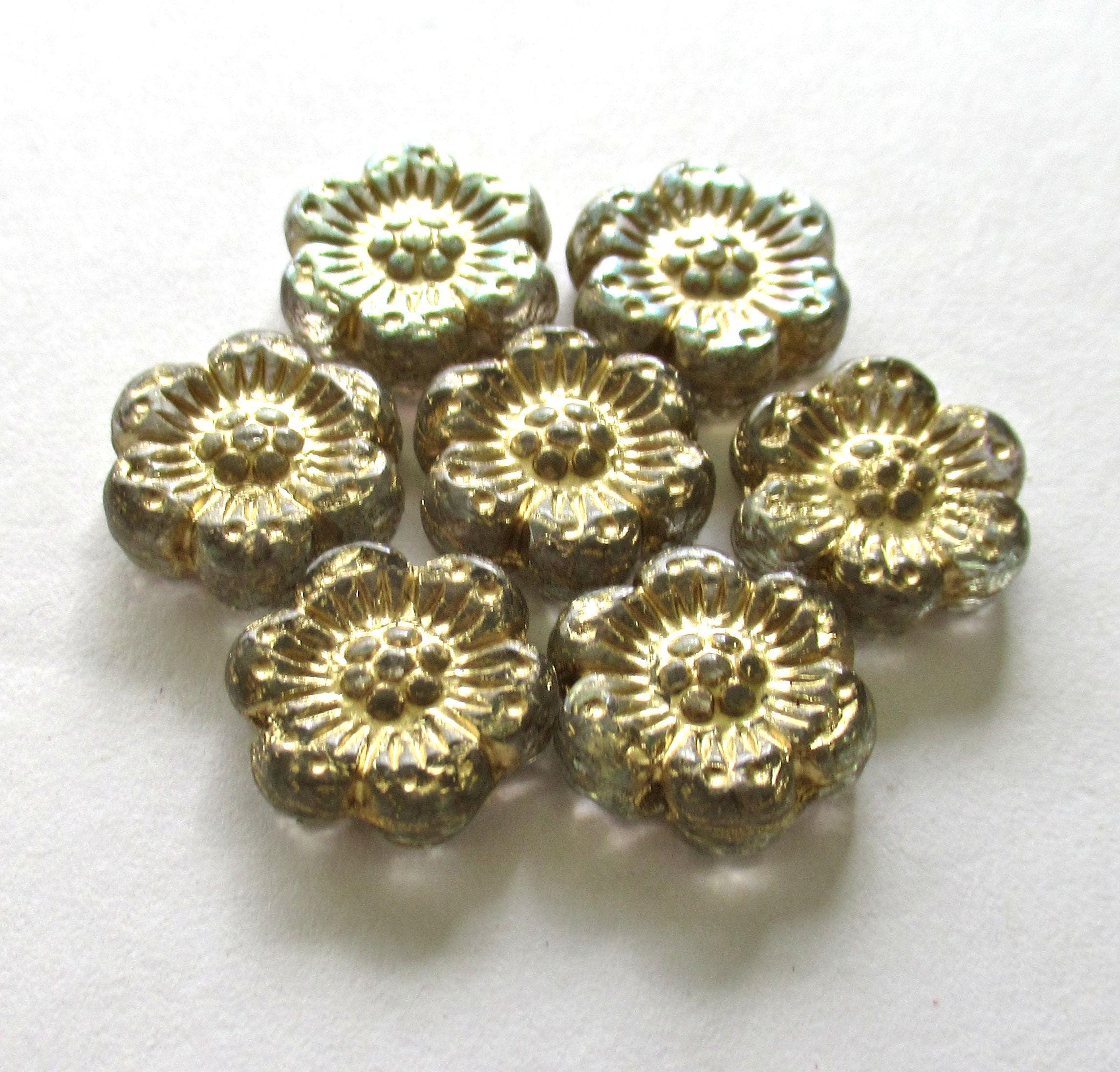 Twelve Czech glass wild rose flower beads - 14mm transparent crystal clear floral beads with a gold wash C00071