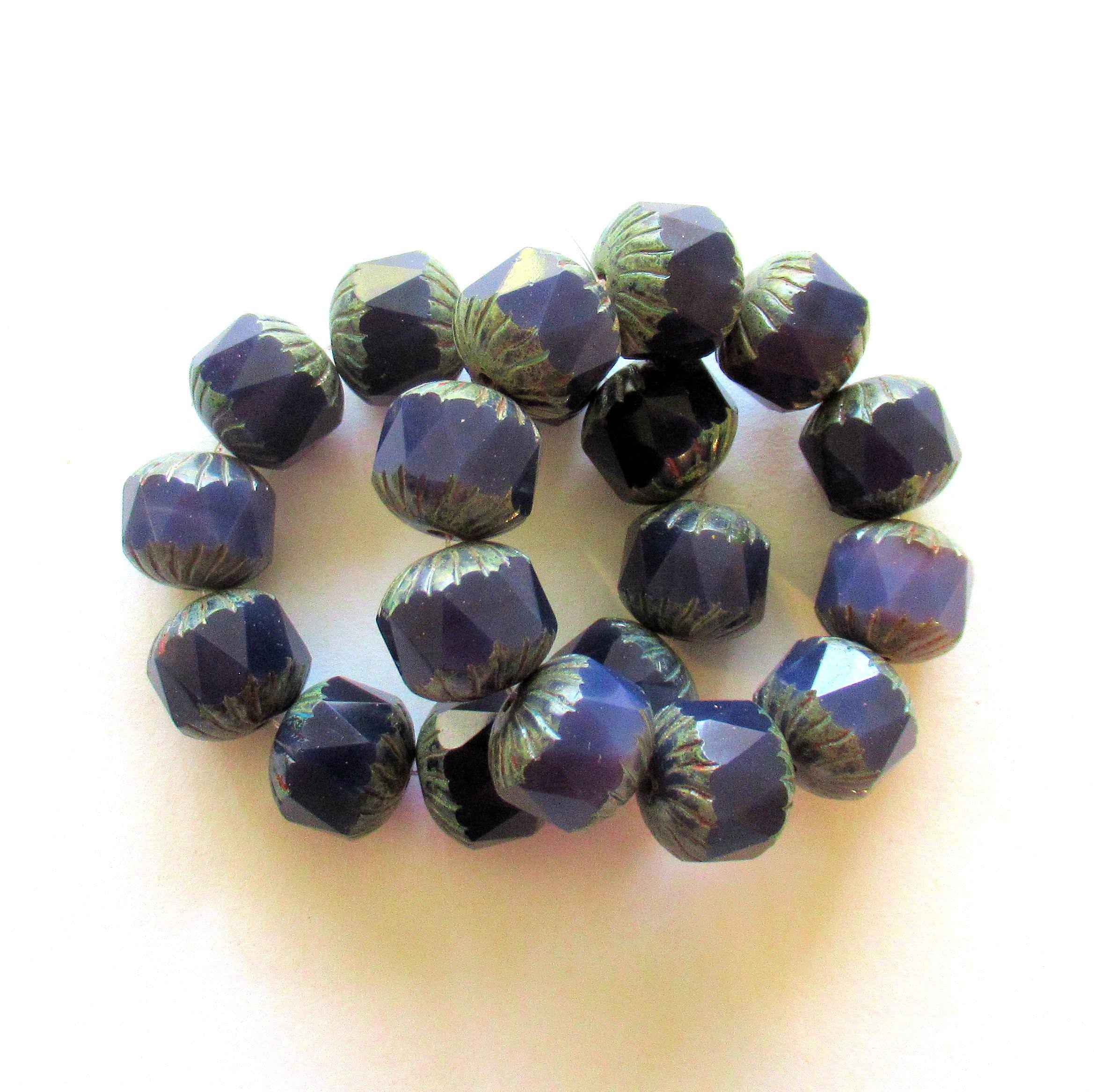 Ten large Czech glass center faceted carved cruller beads - 10mm - round purple opal cathedral beads with gray picasso accents - 00004
