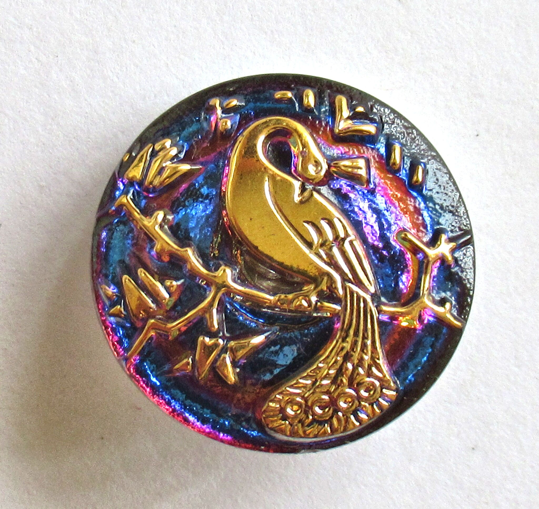 One 22mm Czech glass peacock button - translucent blue, pink, purple and gold button - decorative shank buttons - C00513
