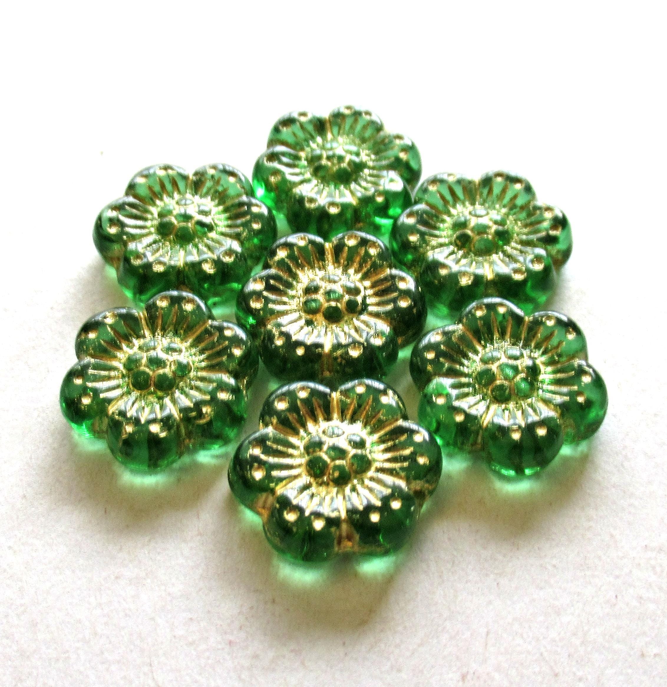 Ten Czech glass wild rose flower beads - 14mm transparent green floral beads with a gold wash C0059