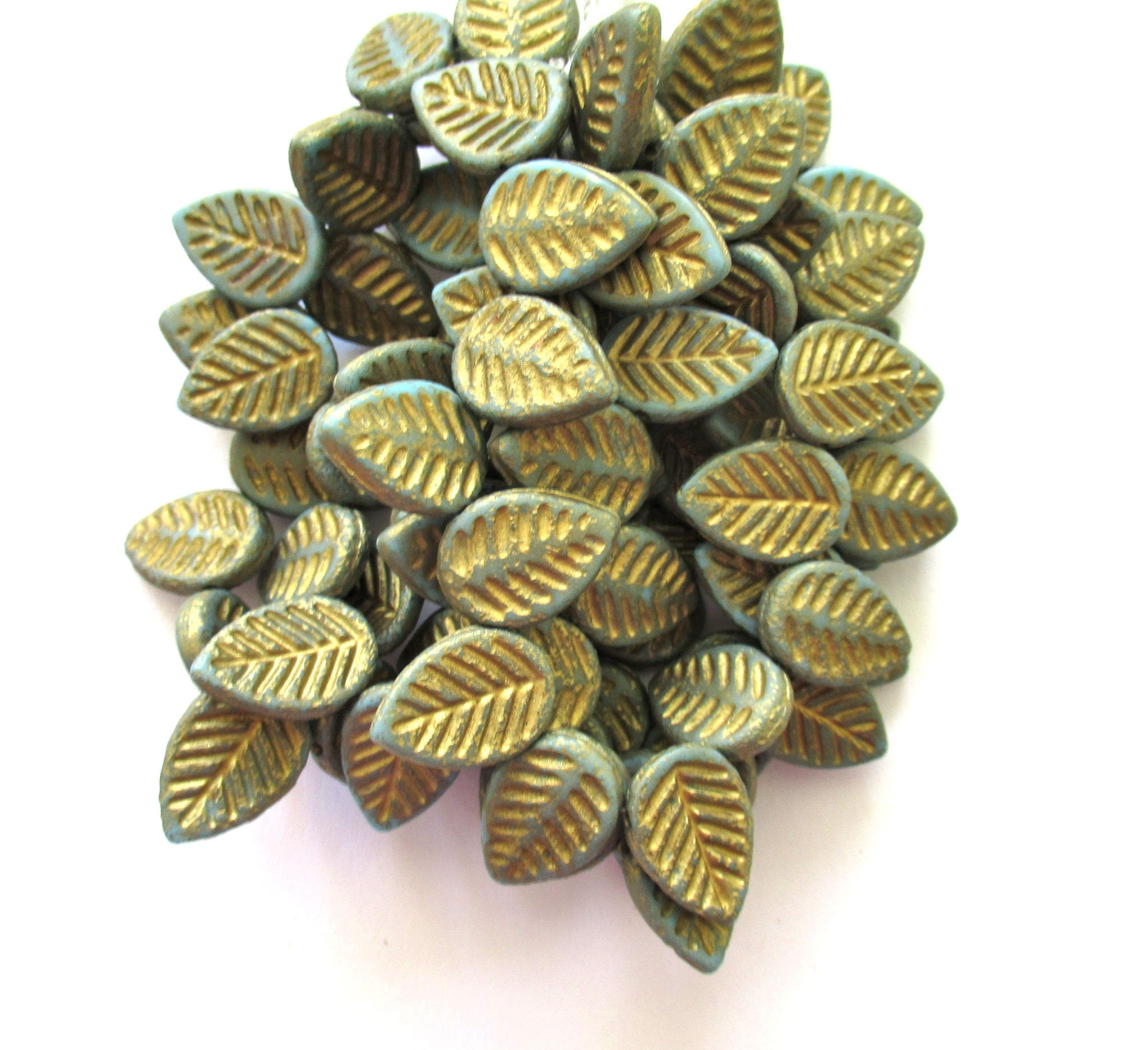 Ten large Czech glass leaf beads - side drilled etched turquoise blue green beads with a gold wash - 12 x 16mm carved beads C00831