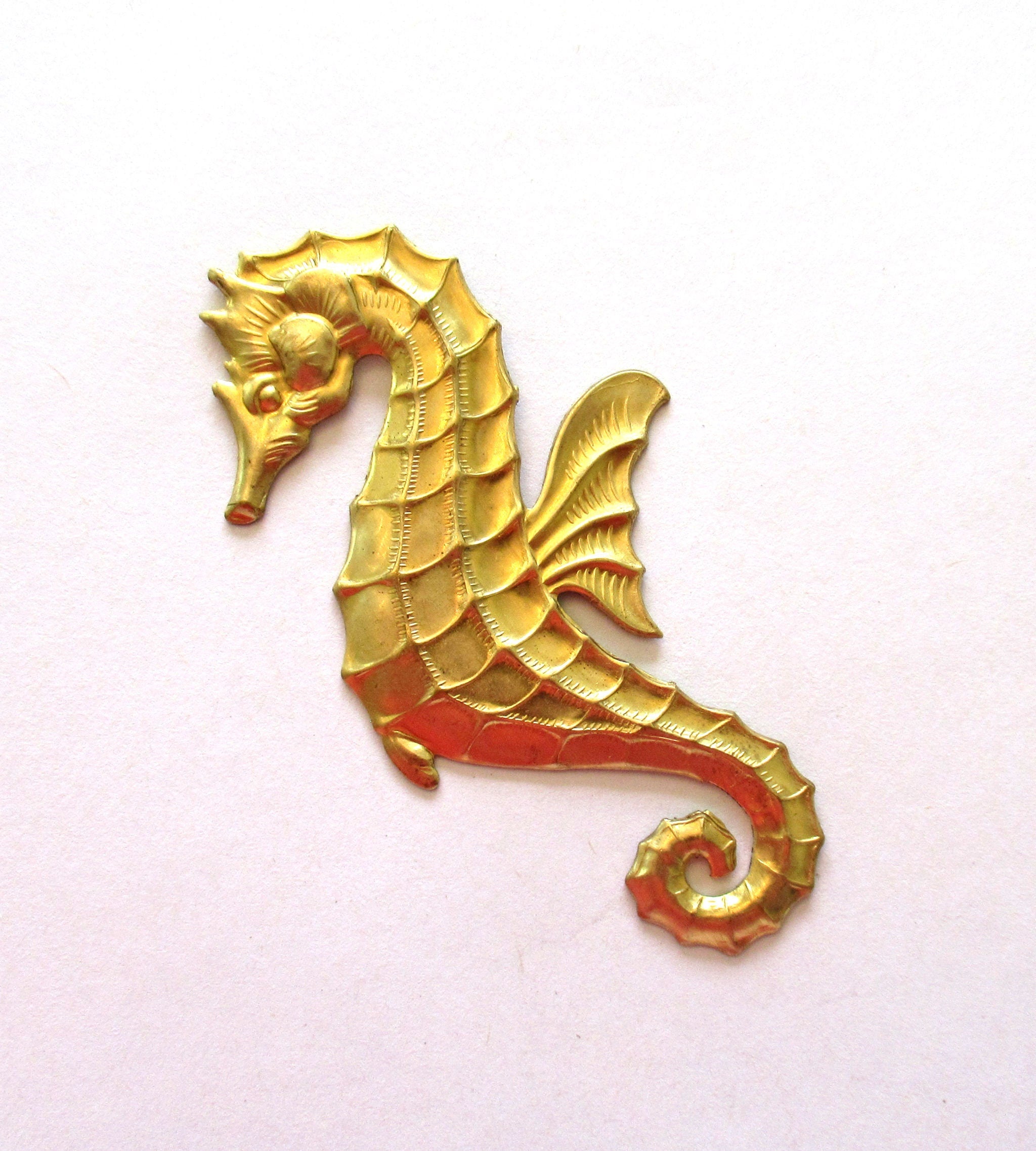 1 raw brass stamping - stylized nautical seahorse - ornament - pendant - charm - connector - 3"inches - USA made C0028
