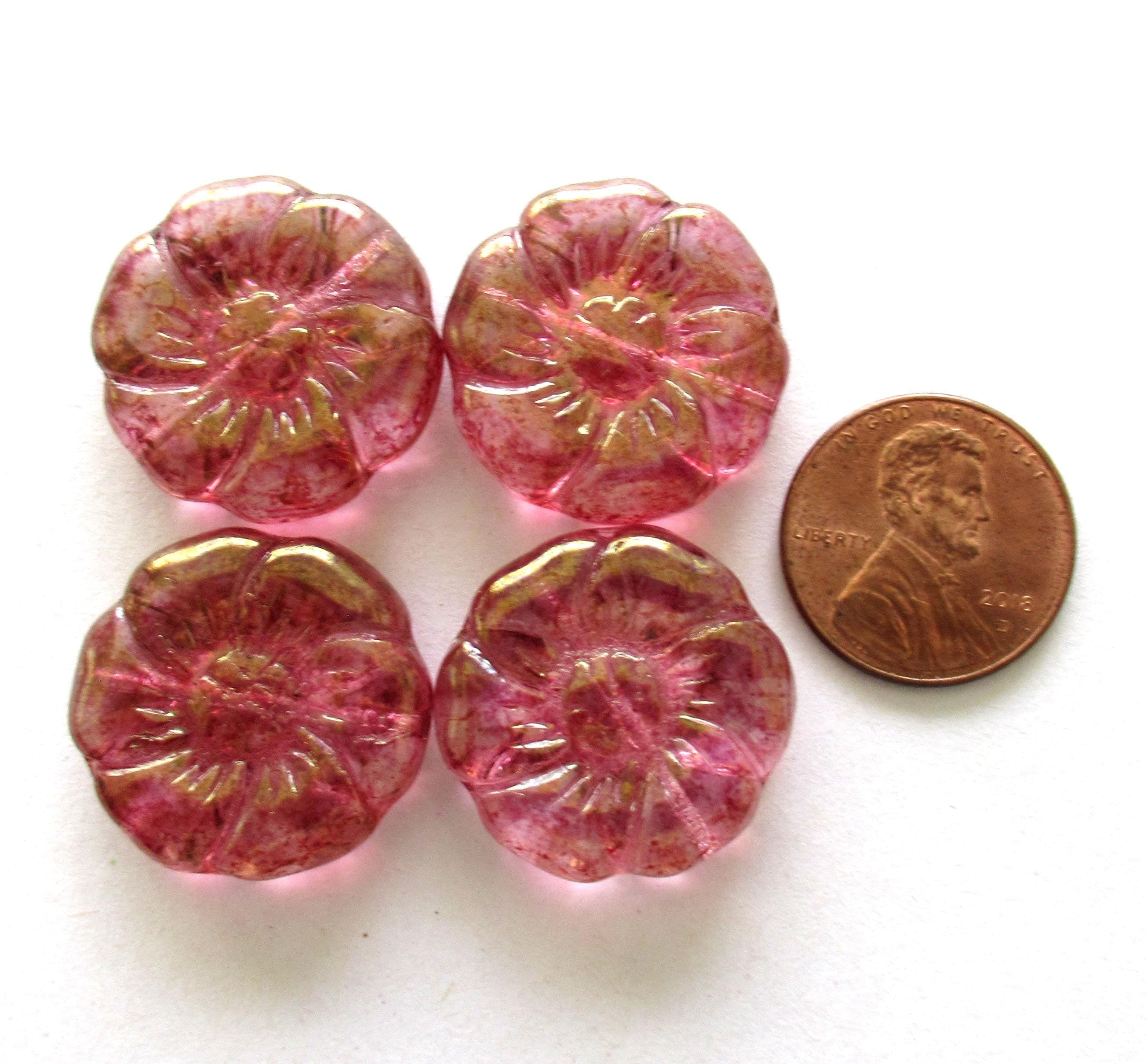 Two large 22mm Czech glass flower beads - pink beads with a gold luster finish - pressed focal or statement beads - 00011