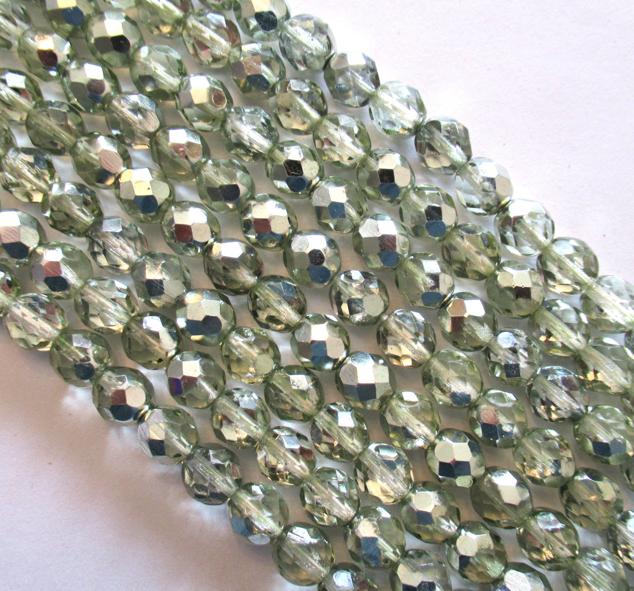 25 8mm Czech glass beads - metallic ice seafoam green - faceted, round, fire polished beads C0048