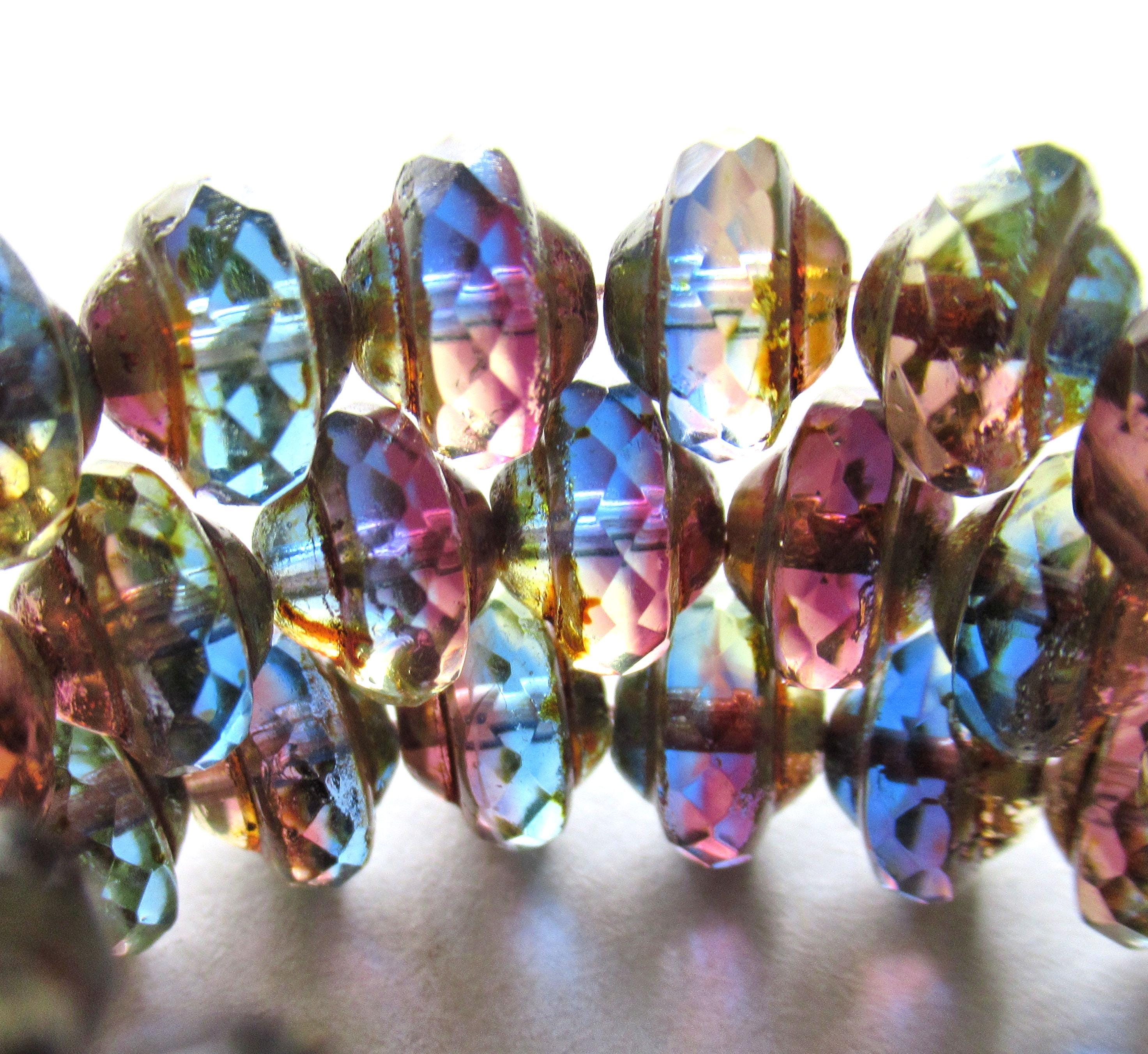 15 Czech glass mini saturn / saucer beads - 6 x 8mm blue & purple / amethyst color mix with picasso accents C5302