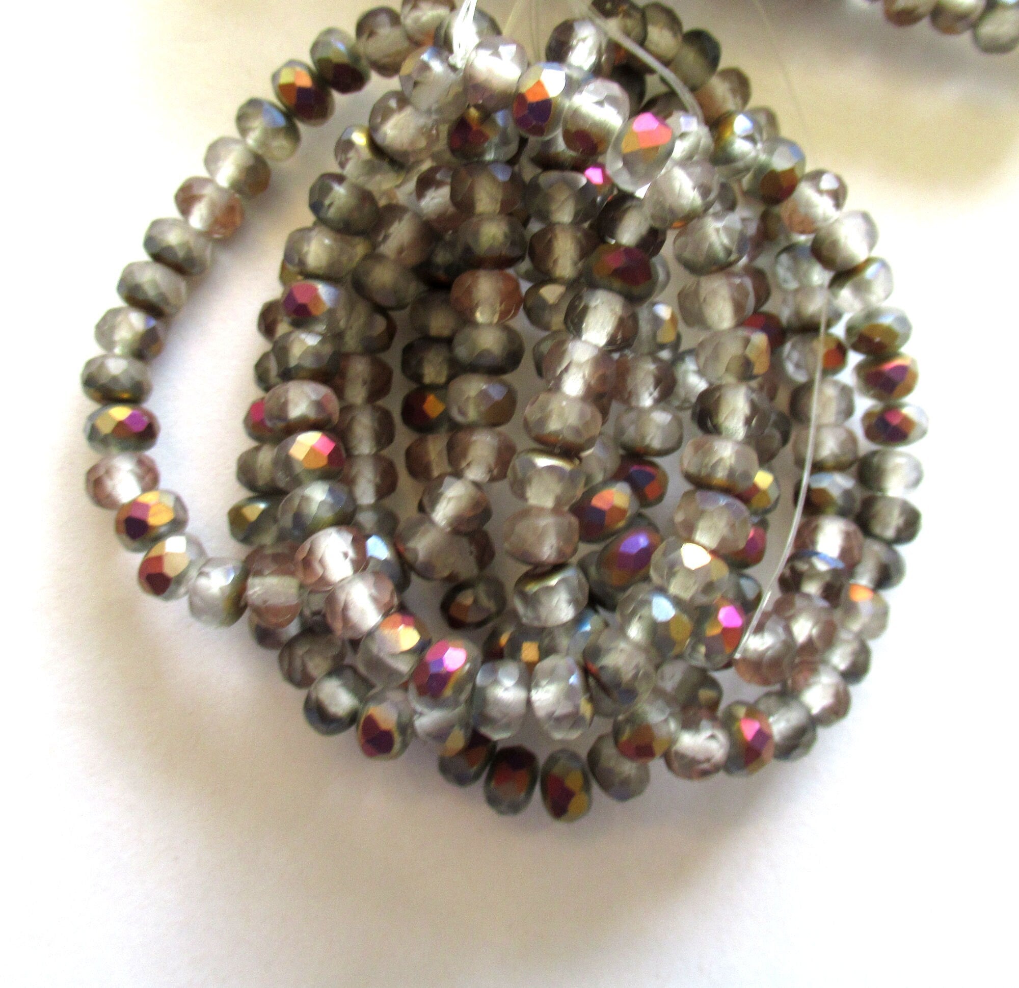 30 small puffy Czech glass rondelle beads - matte crystal gray beads with a vega finish - 3mm x 5mm faceted fire polished rondelles 00001