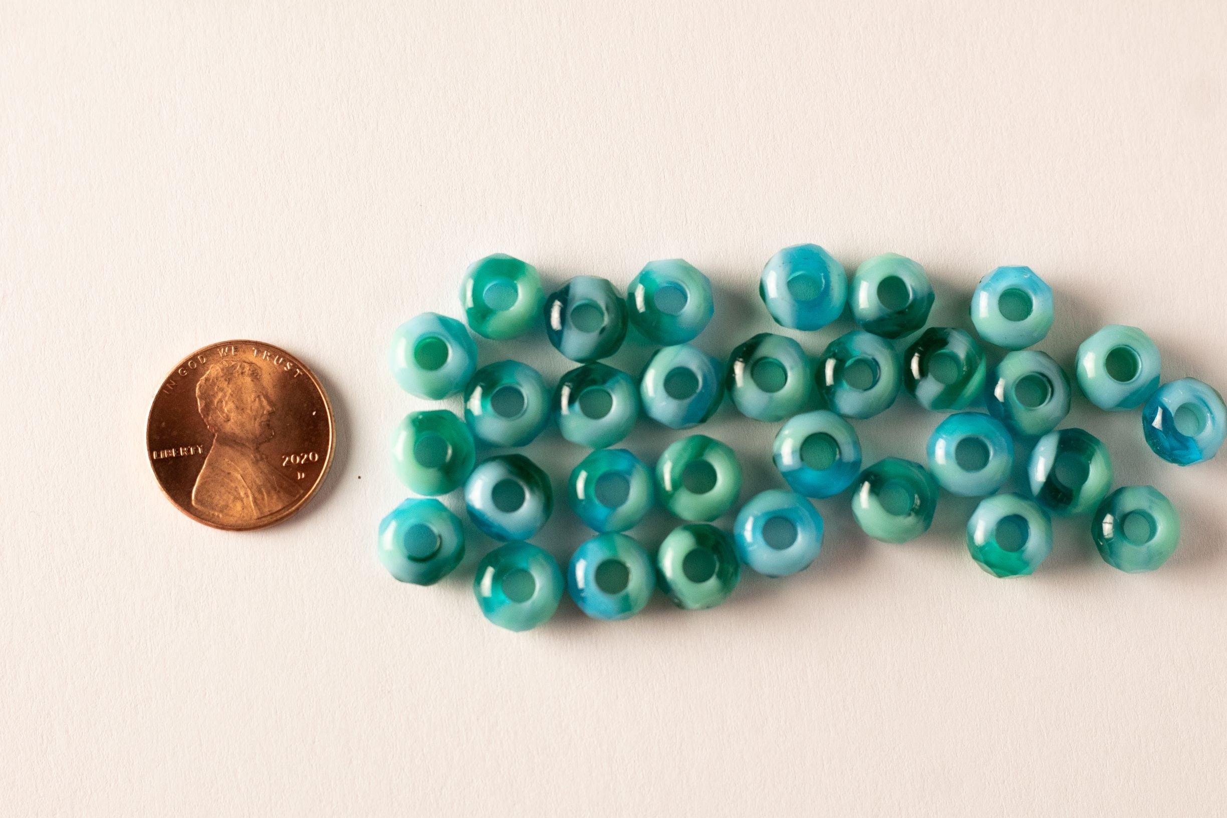 10 Czech glass faceted roller or beads - 6 x 9mm opaque & transparent blue and green marbled tyre beads - big 3.38mm hole beads C0017