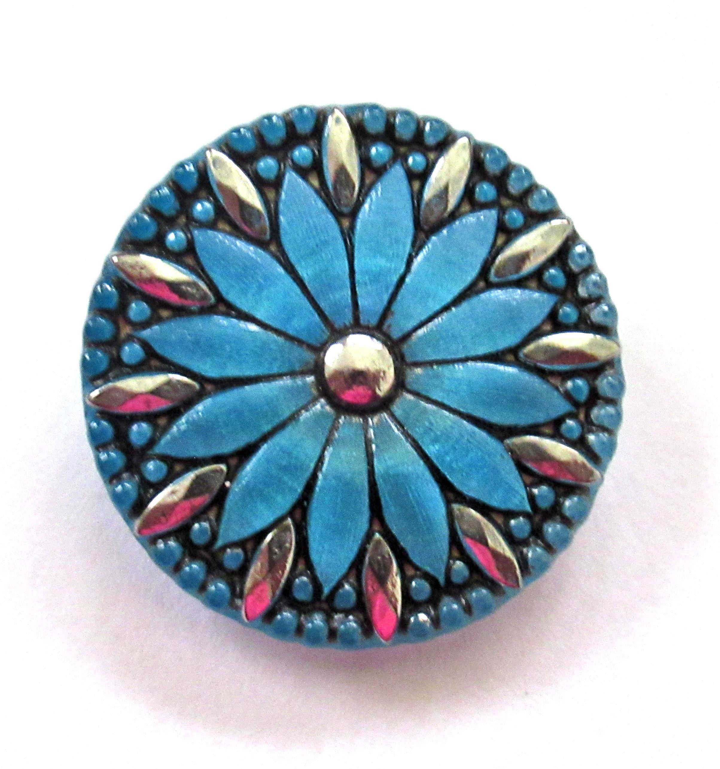 One 31mm Czech glass daisy flower button - ocean blue with a black wash & silver accents - large decorative floral shank buttons 00043