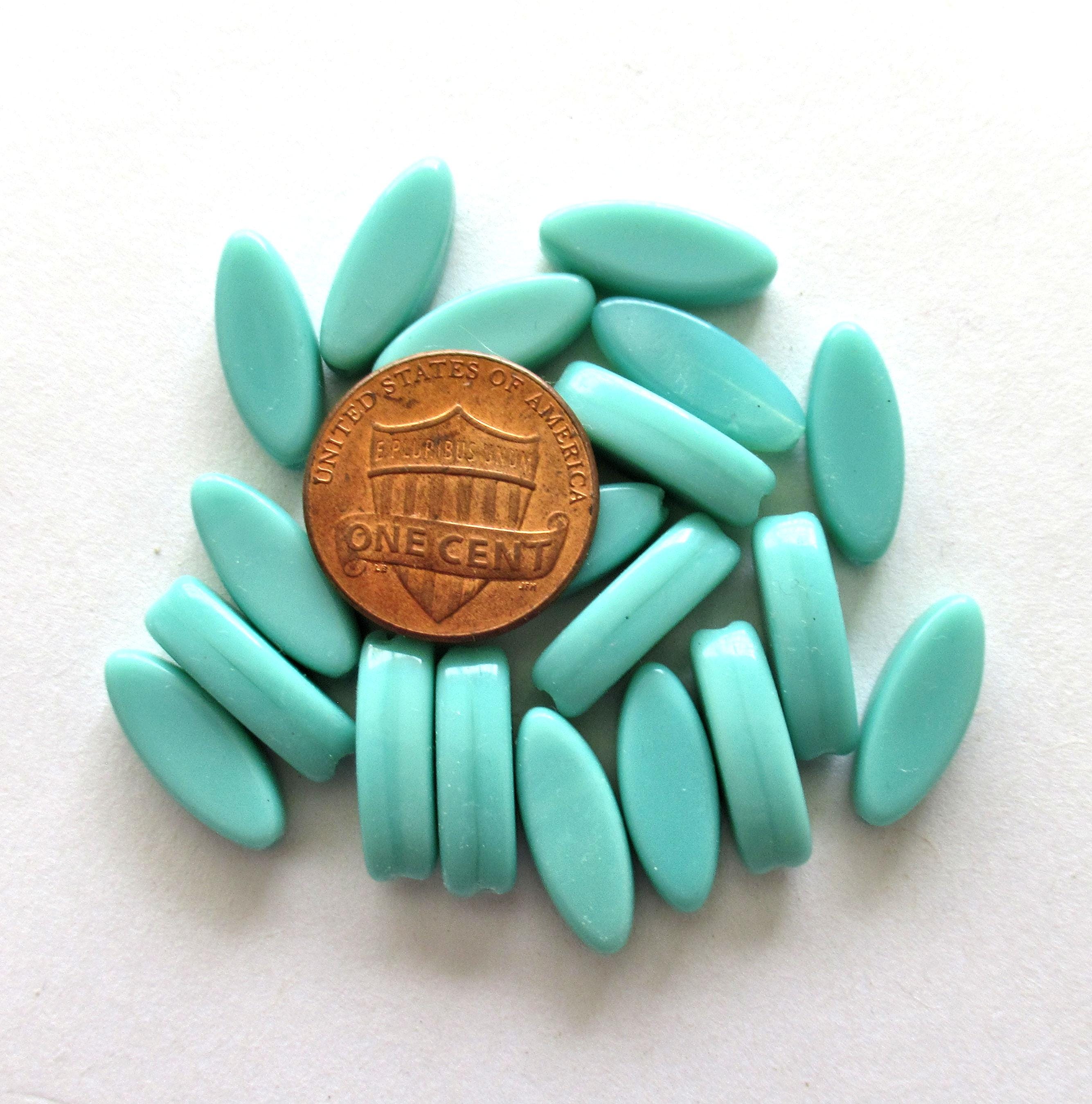 Ten Czech glass green spindle beads - 16 x 6mm - opaque light turquoise green - oblong oval pressed glass beads - C0007