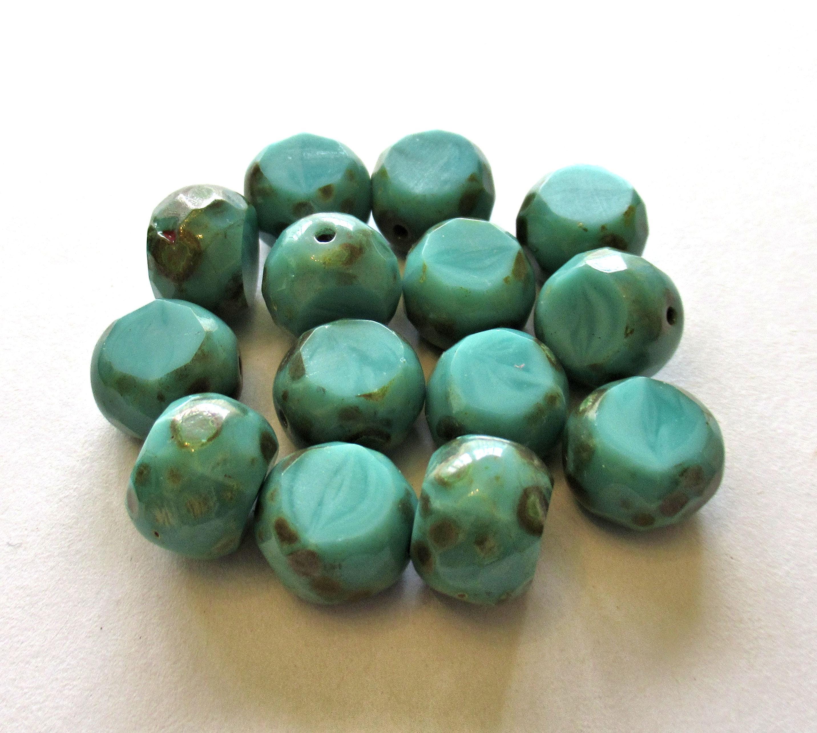 Six 12mm large Czech glass beads - opaque turquoise blue green faceted window beads - statement or focal beads - dual faceted table cut beads - 600432