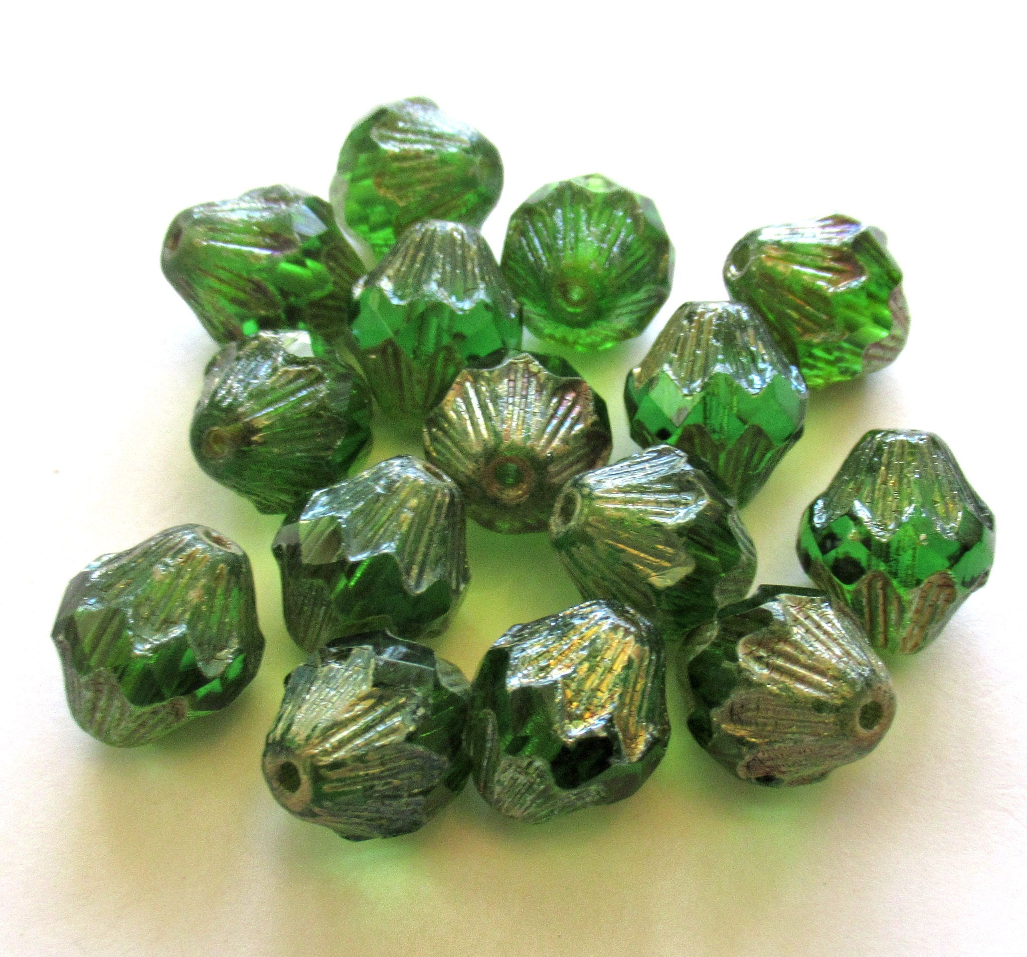 Lot of five 13mm Czech glass bicones - large emerald green picasso chunky, faceted bicone beads - C0067