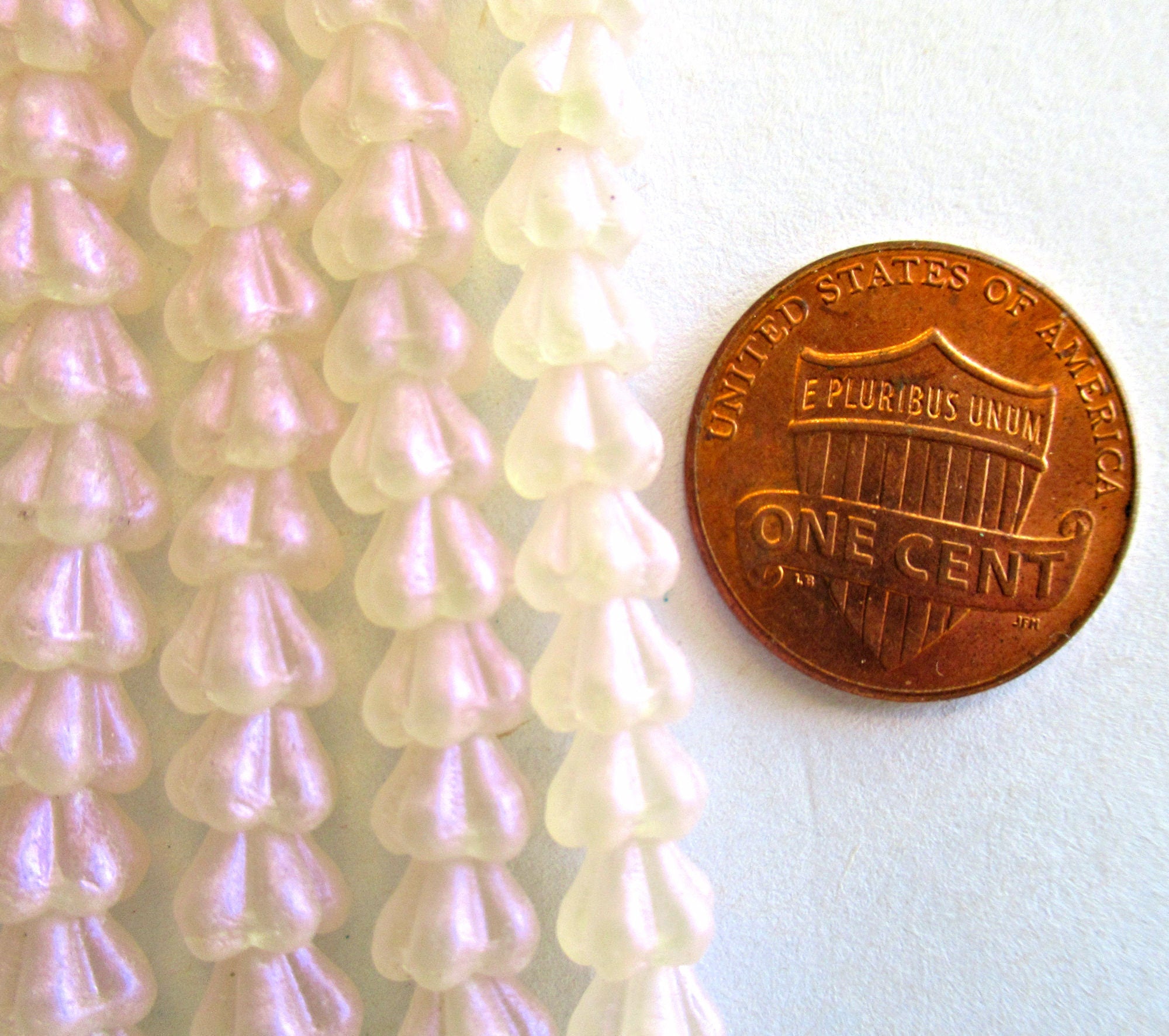 50 6mm x 4mm Czech glass baby bell flower beads - translucent milky opalescent iridescent pink - pressed glass beads C0039