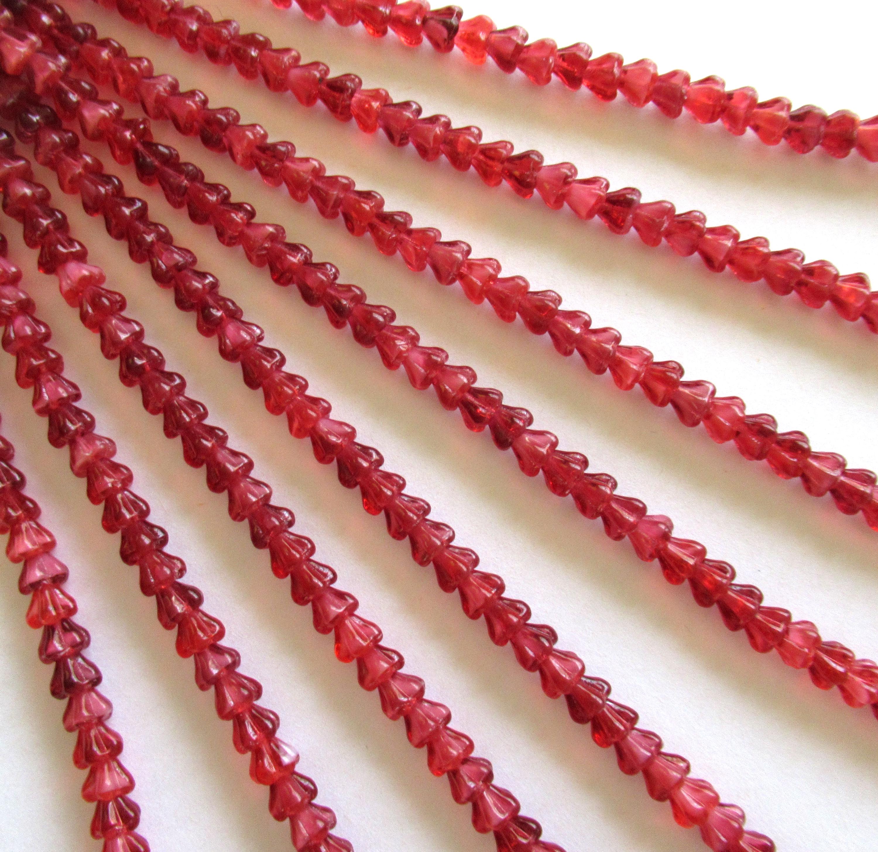 50 6mm x 4mm Czech glass baby bell flower beads - Pearl Fuchsia - dark raspberry pink beads with white hearts - pressed glass beads - C00611