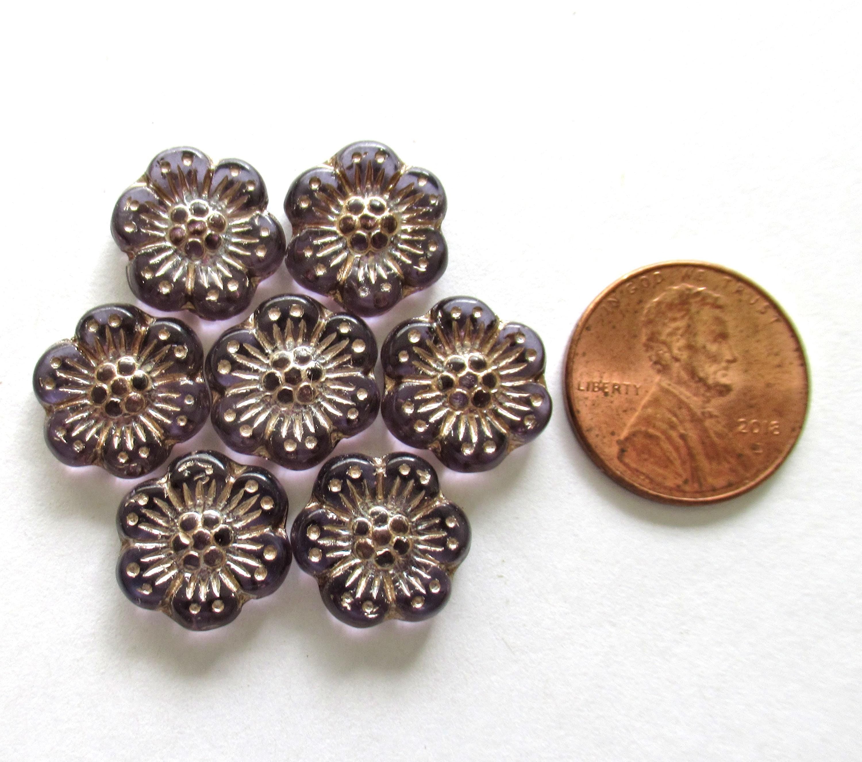 Twelve 14mm Czech glass wild rose flower beads - transparent light tanzanite purple floral beads with a platinum wash C00051