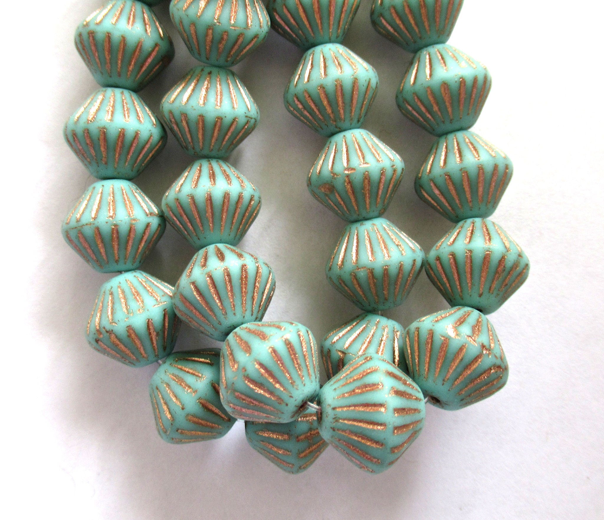 Five 11mm x 10mm chunky rustic Czech glass bicones - Matte Turquoise green w/ gold accents carved bicone beads- C0065