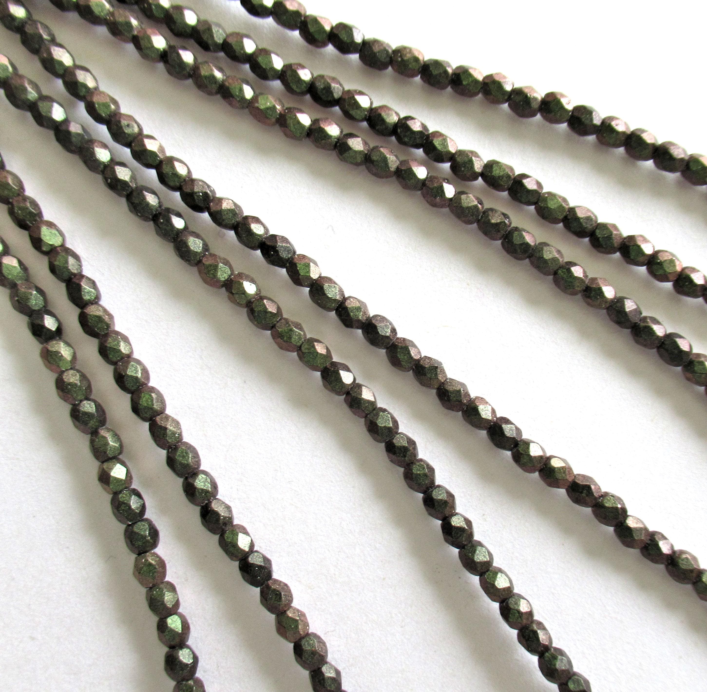 50 3mm dark green Czech glass beads - Polychrome Olive Mauve - fire polished faceted round beads - 50pcs - C0005