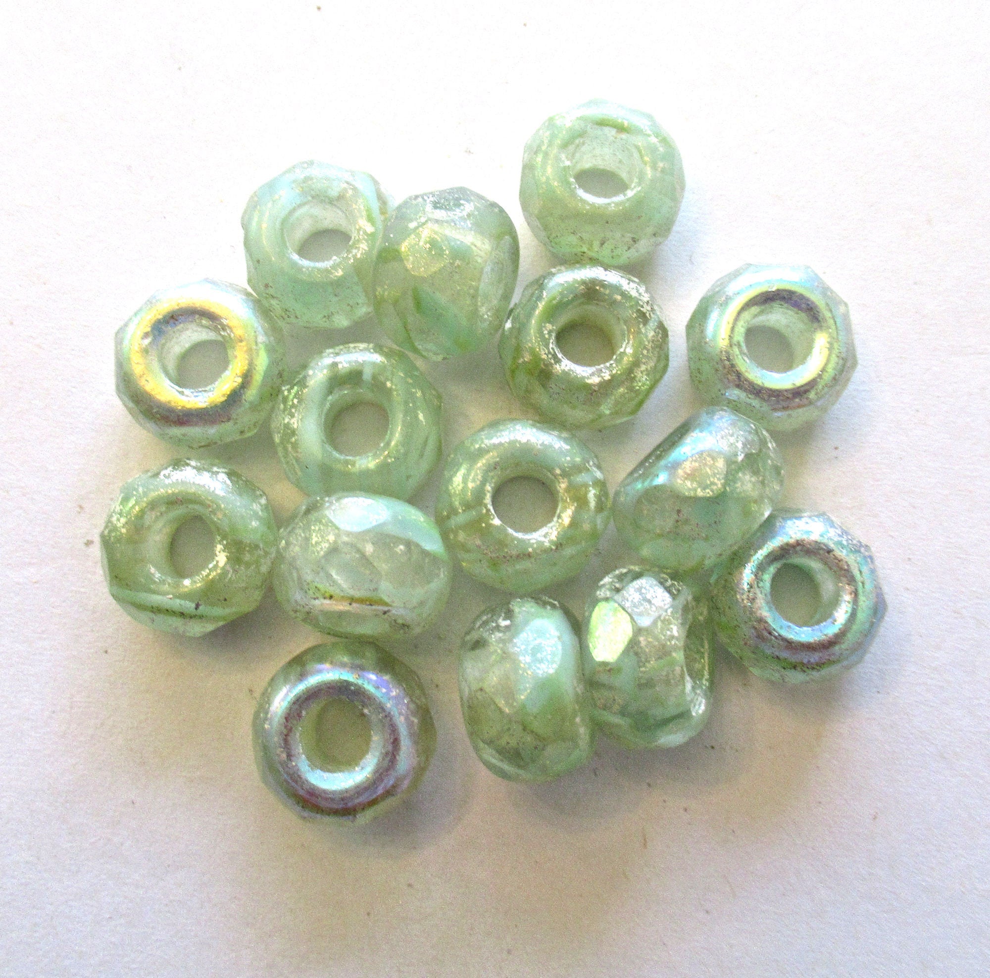 Five 12 x 8mm faceted Czech glass roller or rondelle beads - etched honeydew green ab w/ silver - big 5mm holes - big hole focal beads 00261