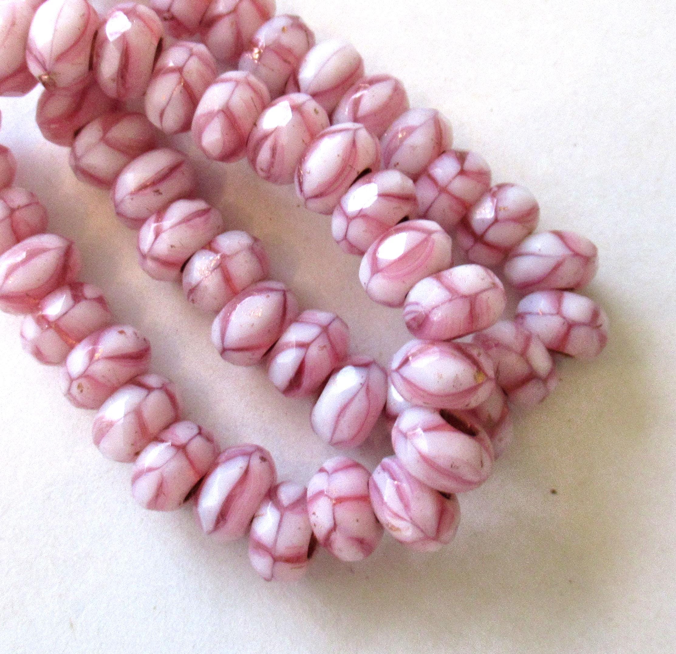 Ten Czech glass faceted roller beads - 6 x 9mm opaque & transparent pink and white marbled striped tyre beads - big 3mm hole beads C00541