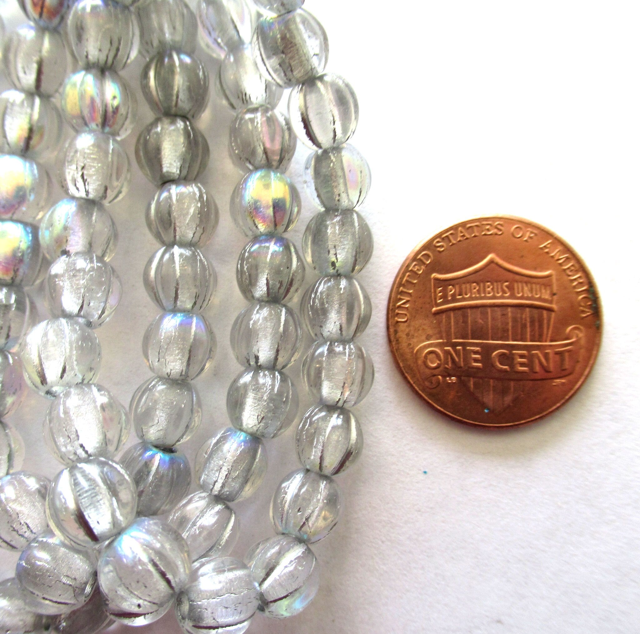 25 6mm Czech glass melon beads - crystal with a silver ab finish - pressed glass beads - C0096