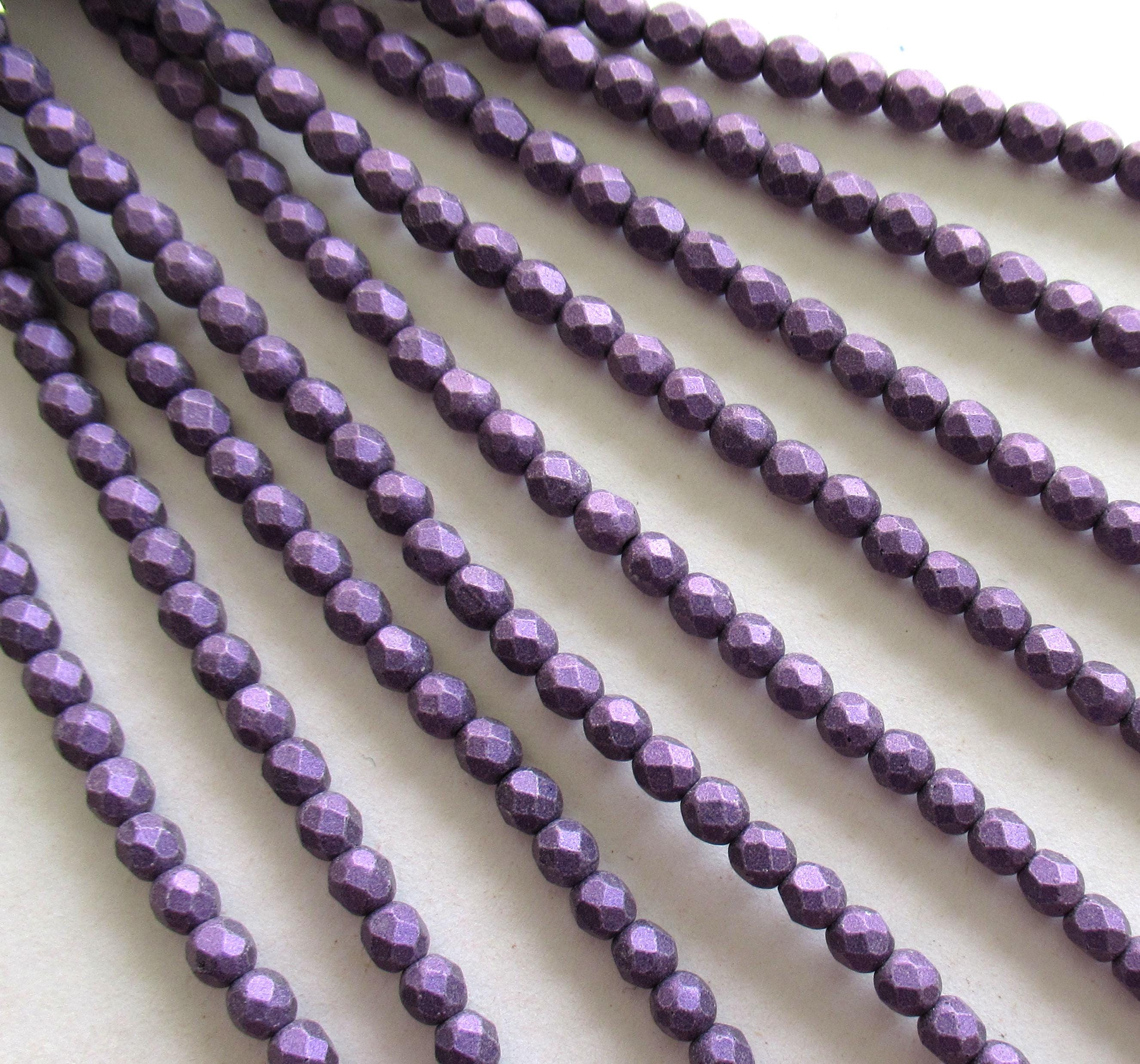 50 3mm Czech faceted round glass beads - Matte Metallic Purple Suede - fire polished beads - C0025