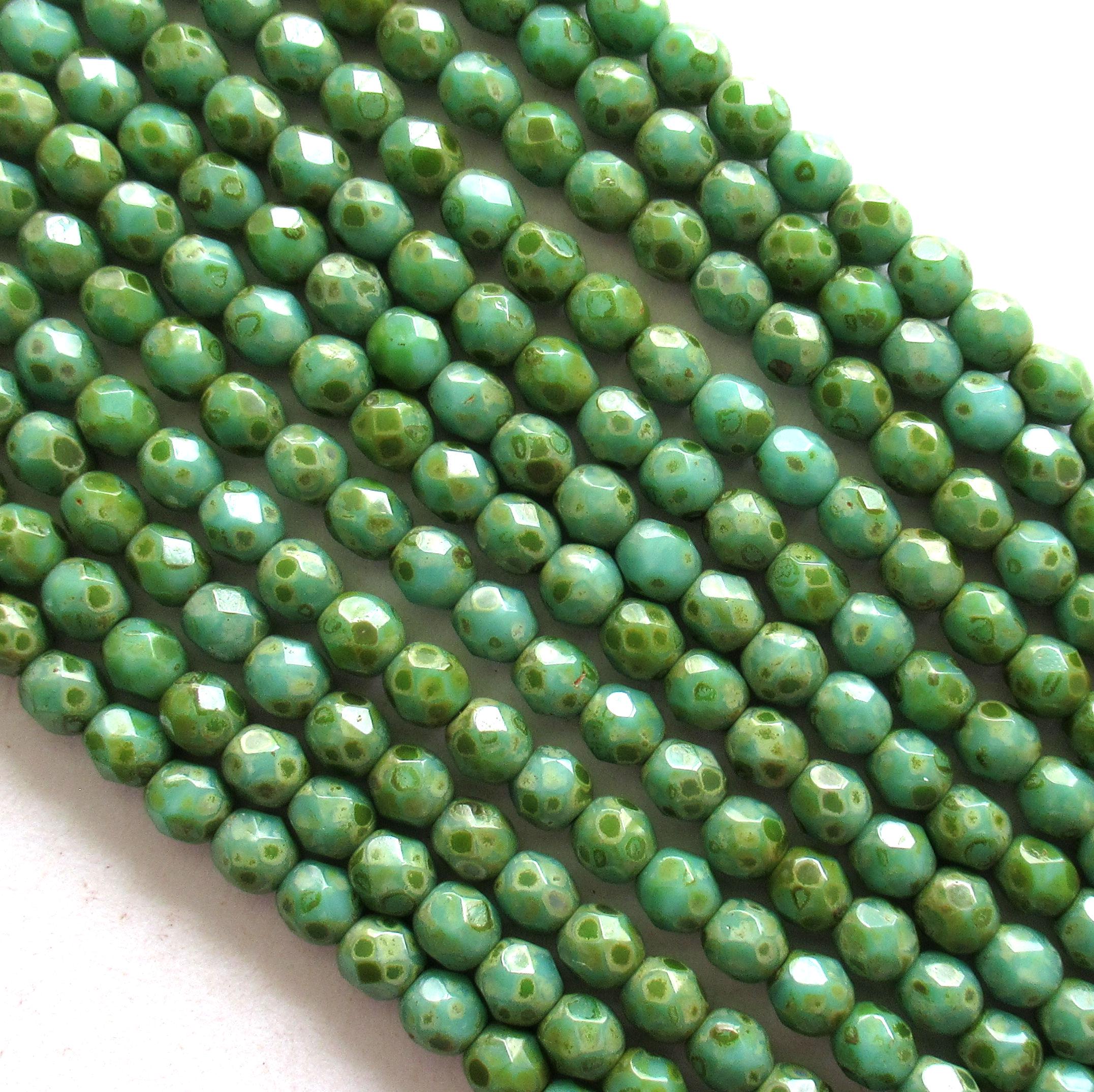 50 Turquoise Blue Green Picasso Czech glass beads - 4mm - fire polished faceted round beads - C0008