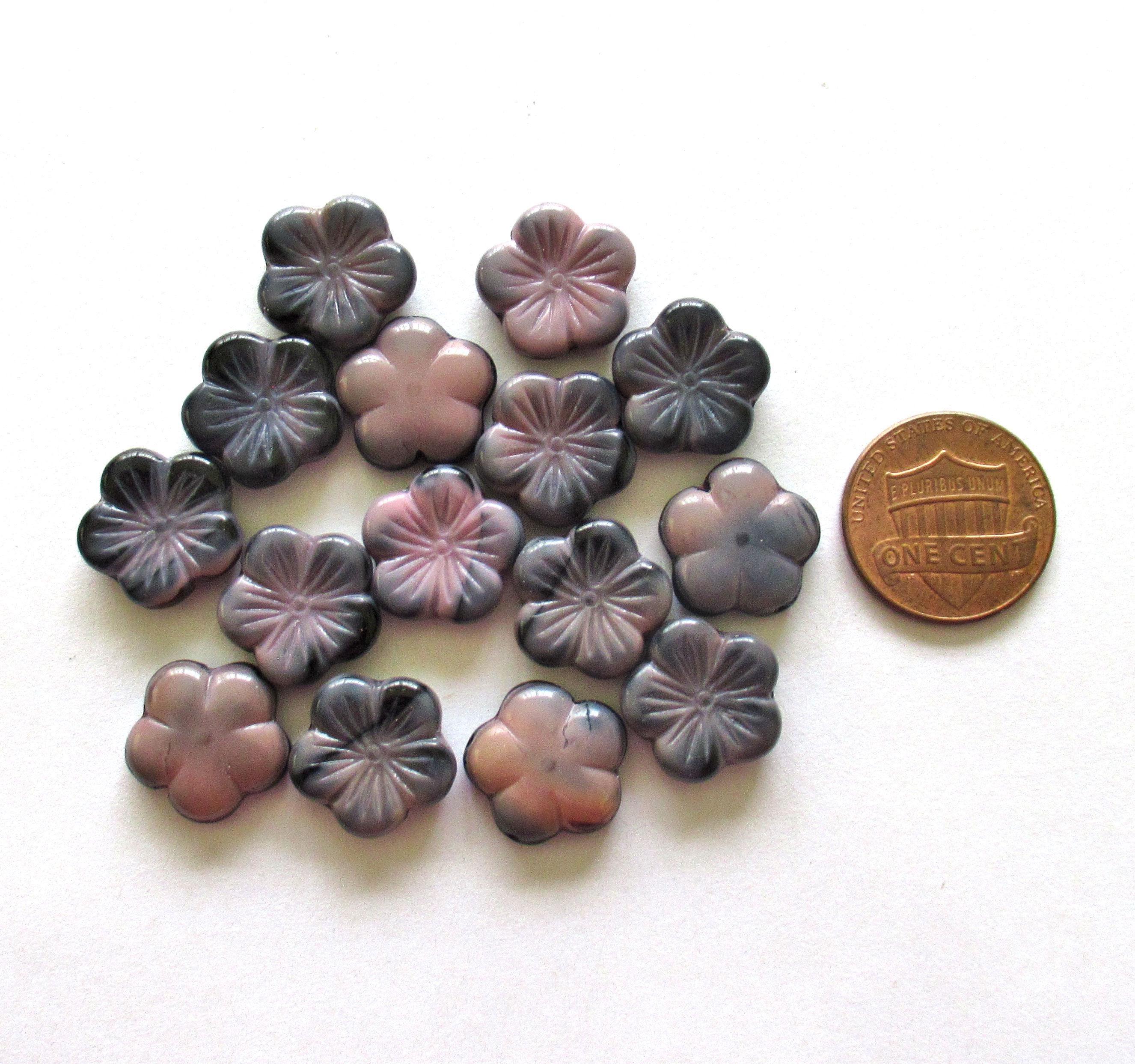 Ten 14mm Czech glass flower beads - marbled pink & black mix - pressed glass floral beads - C0441