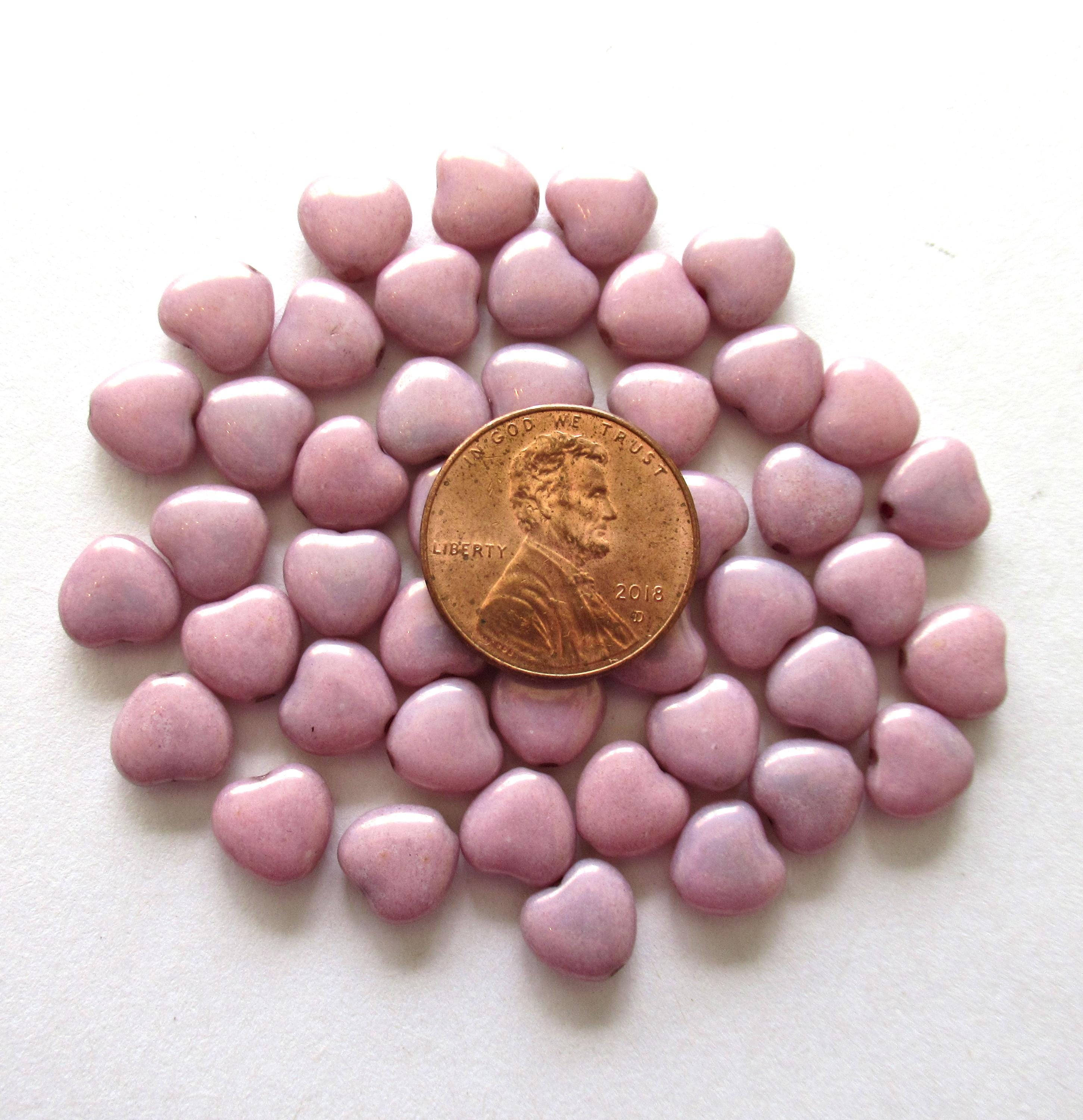 25 Czech glass heart beads - 8mm opaque baby pink luster heart shaped beads - 00601