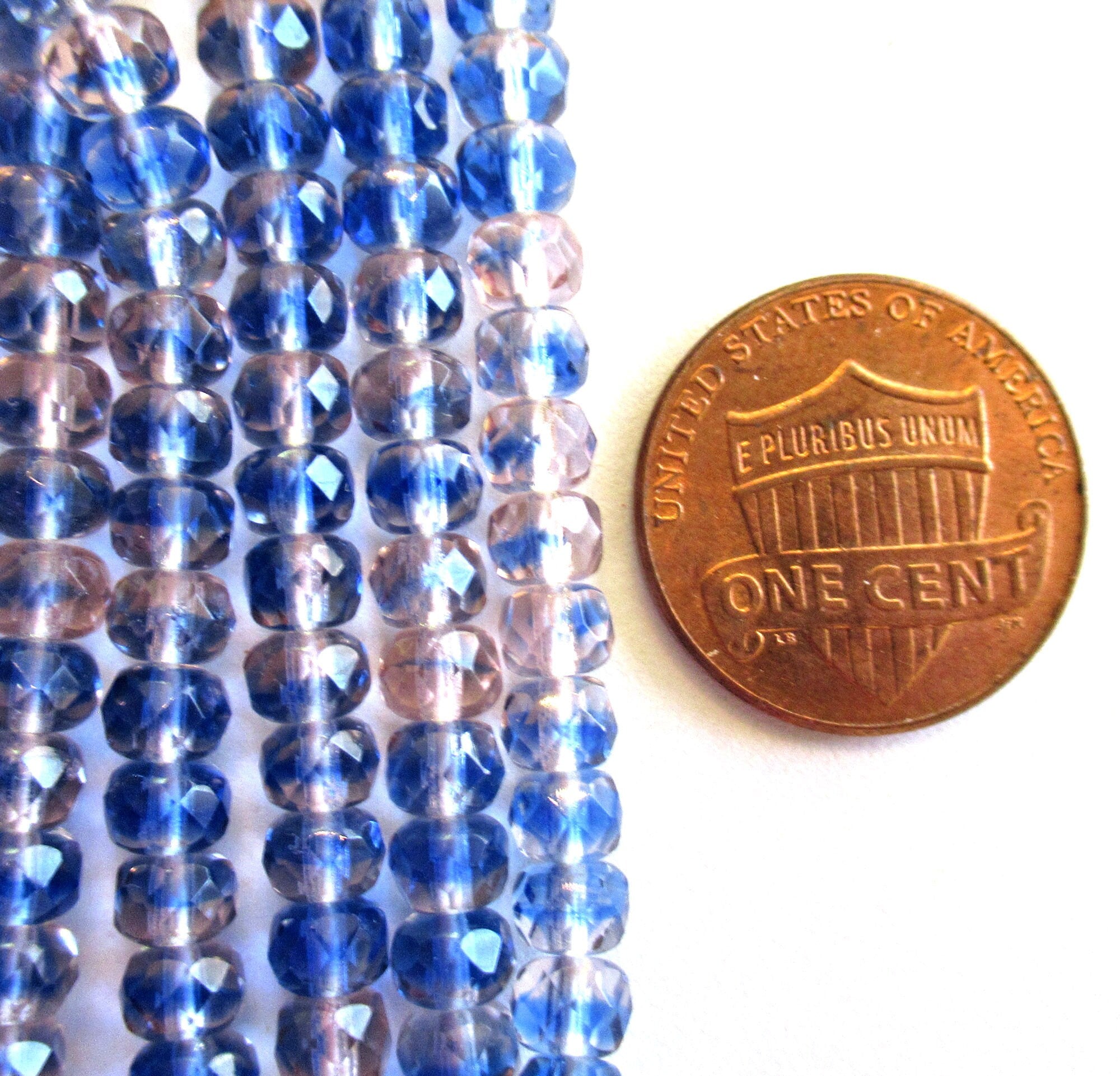 50 small Czech glass puffy rondelle beads - 3 x 5mm pink & blue color mix faceted rondelles 00671