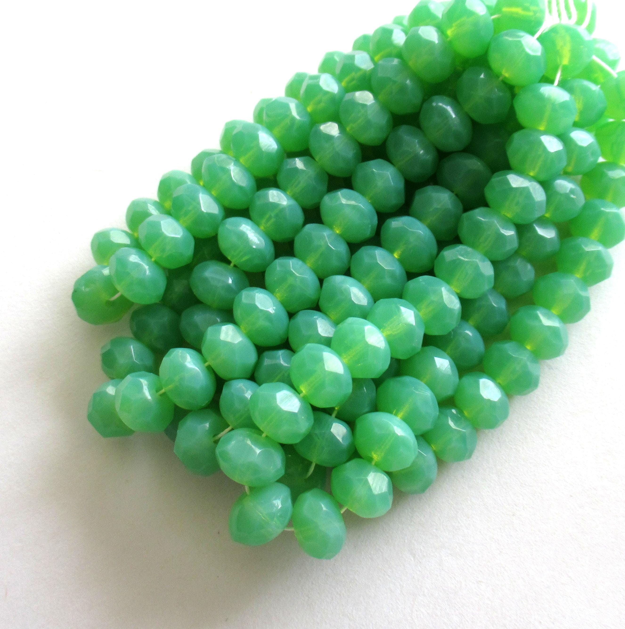 25 green Czech glass puffy rondelles - milky jade green opal beads - 6 x 9mm faceted fire polished beads - C00731