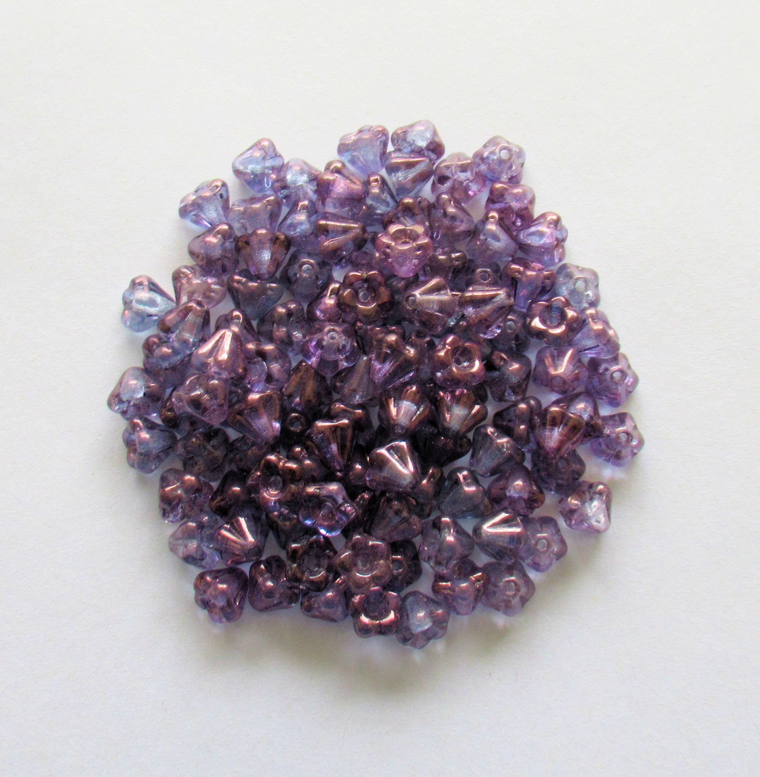 Lot of 50 Czech glass baby Bell Flower beads - 4x 6mm - lumi amethyst / purple pressed glass flower beads - C00201