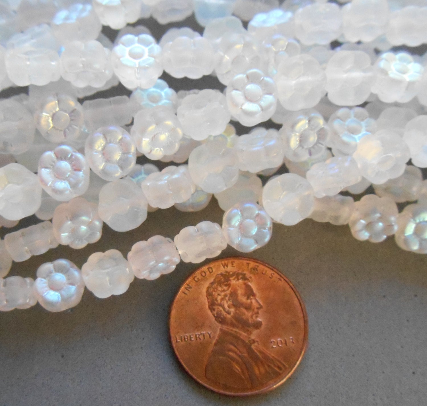 25 6mm Frosted Crystal AB Czech glass flower beads, pressed glass white flower beads, C4001