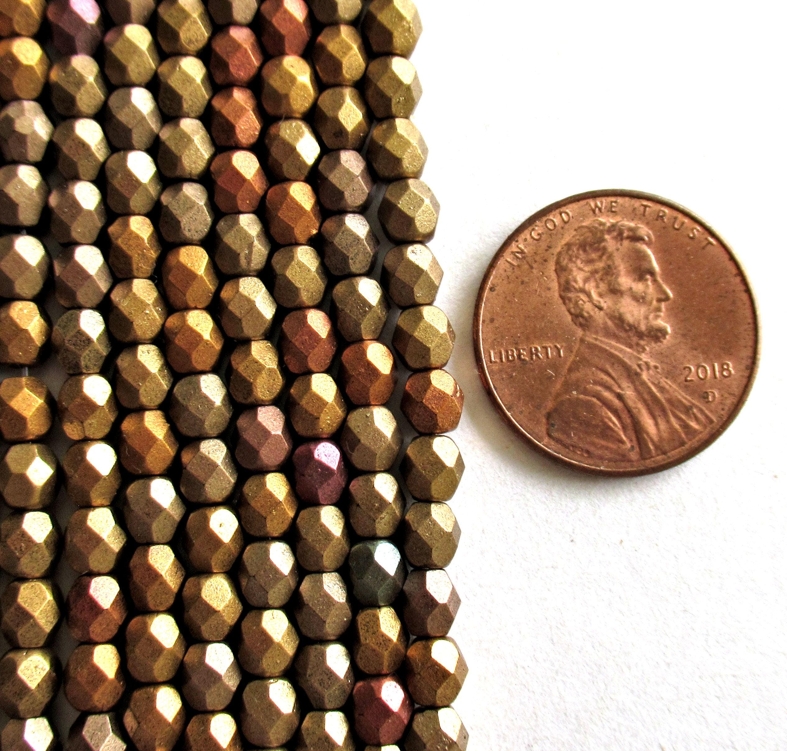 50 4mm Czech glass faceted round beads - matte metallic gold iris - fire polished beads, C1550