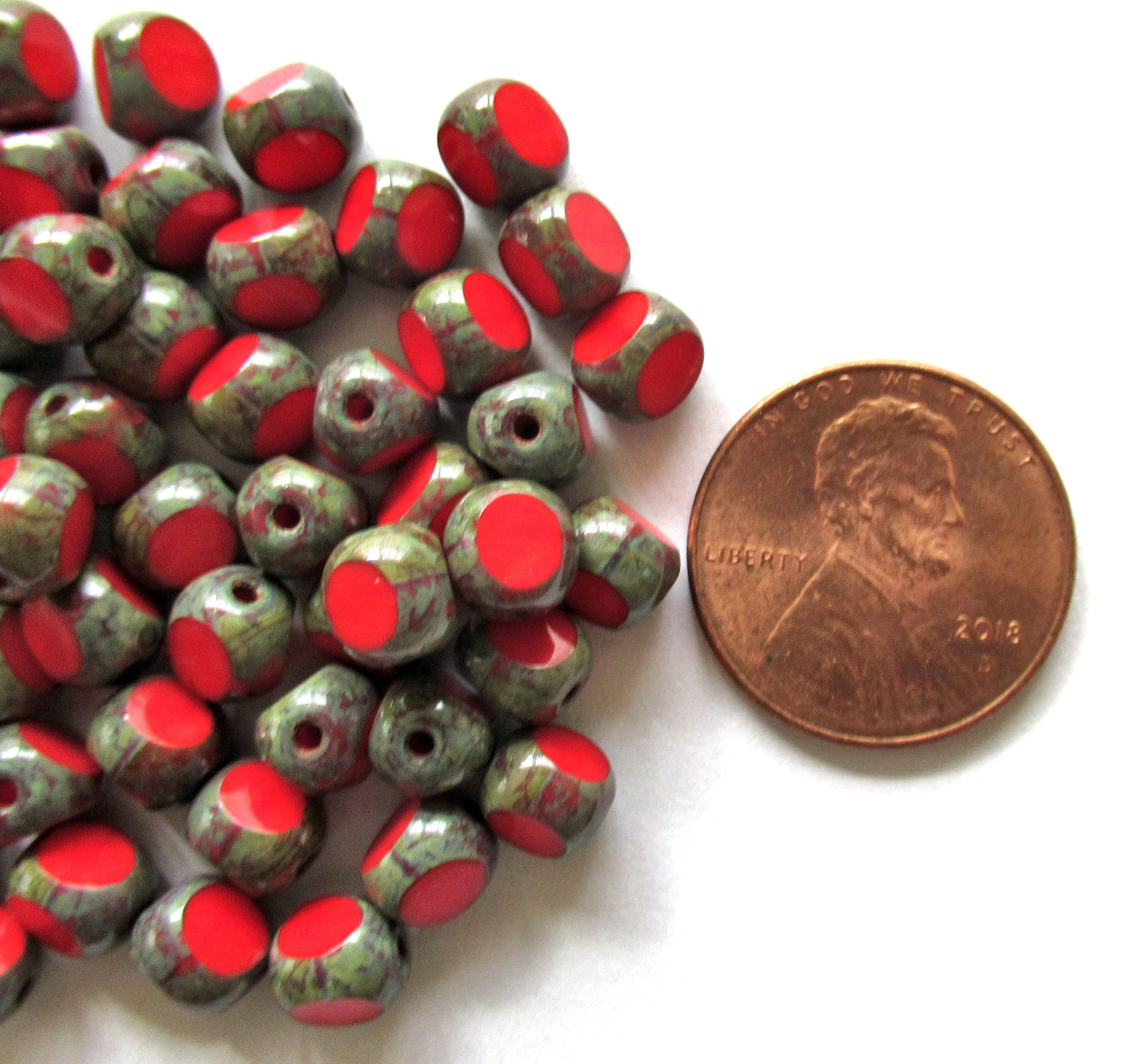25 6mm Czech glass window beads - opaque red picasso - tri-cut faceted rustic earthy beads C0057