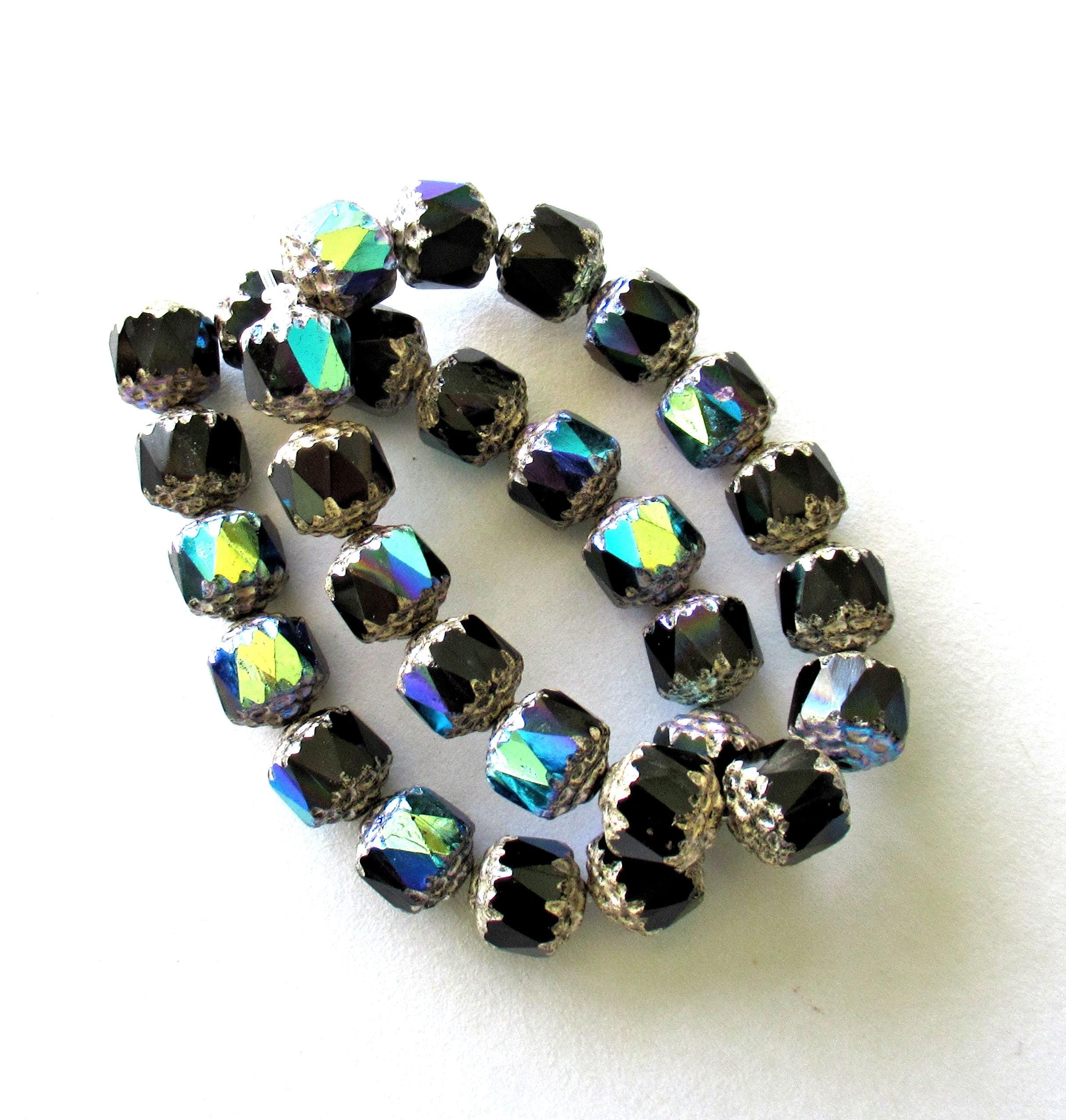 Fifteen 8mm Czech glass cathedral beads - jet black ab w/ silver picasso accents - faceted fire polished antique cut beads - C00361