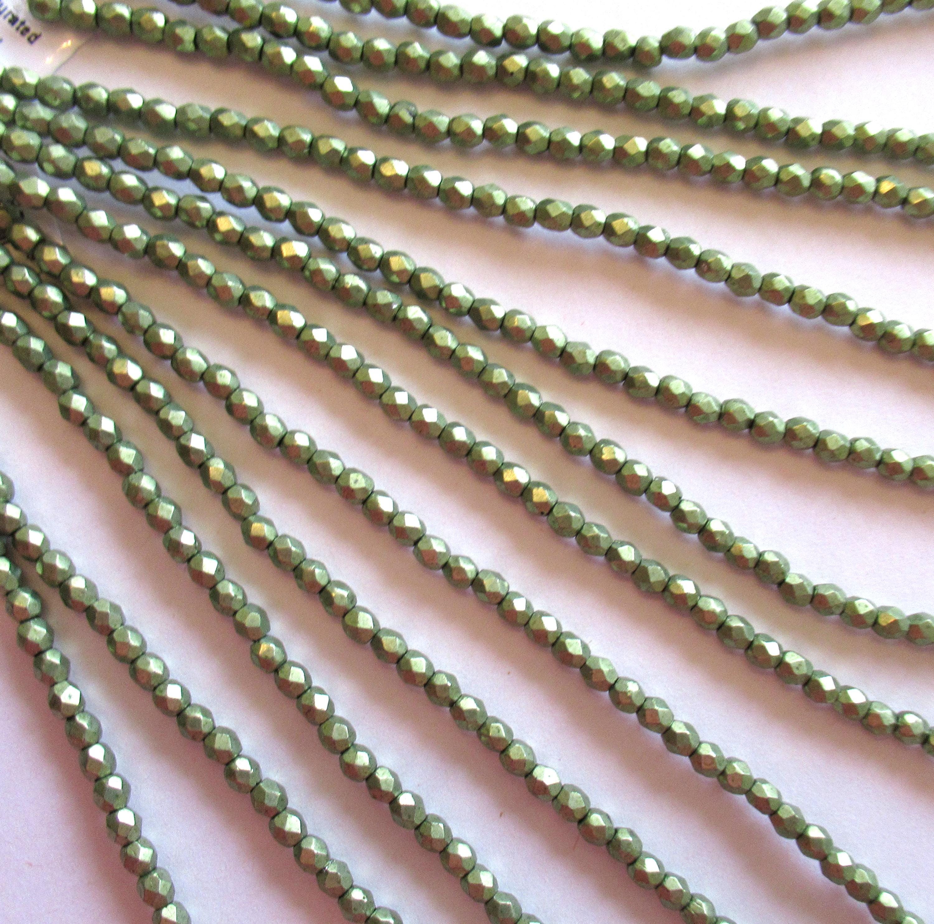 50 3mm Czech glass sage green beads - saturated metallic Greenery - fire polished faceted round beads - C0043