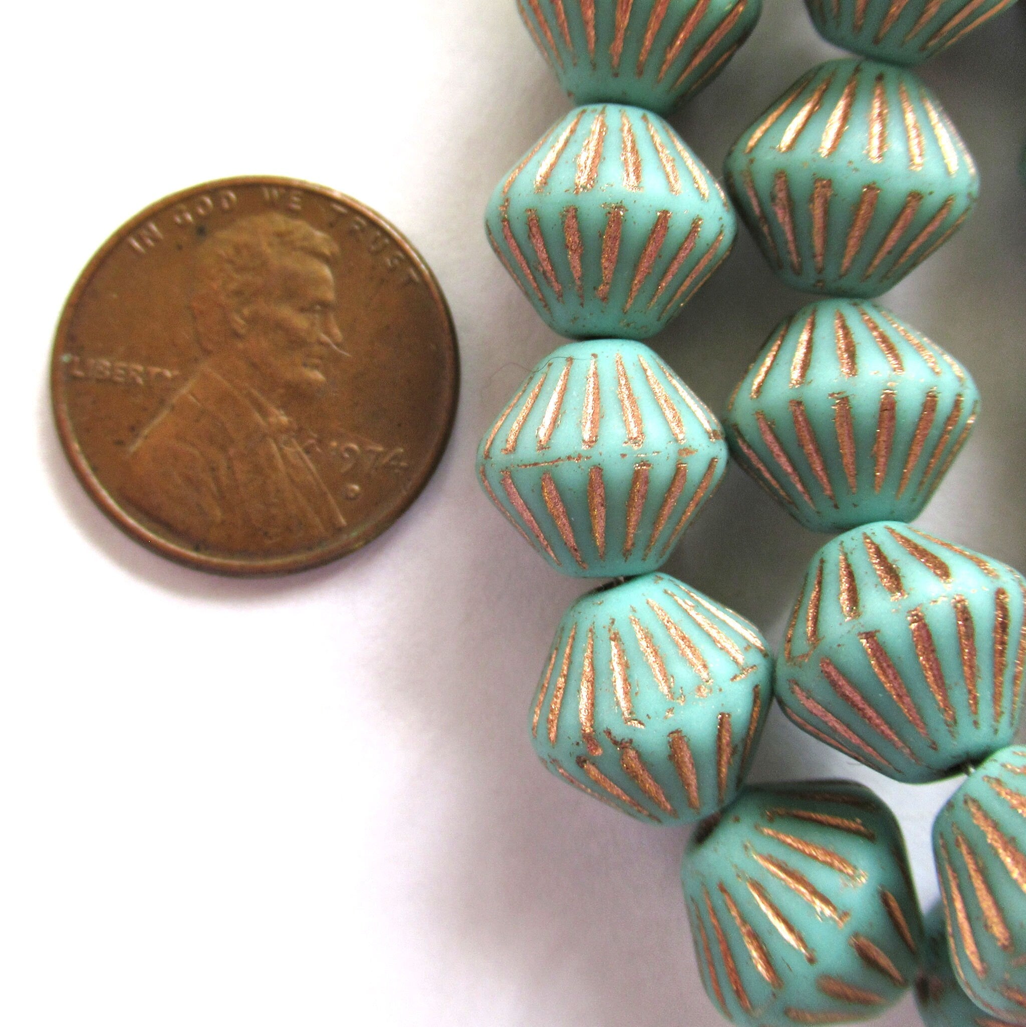 Five 11mm x 10mm chunky rustic Czech glass bicones - Matte Turquoise green w/ gold accents carved bicone beads- C0065